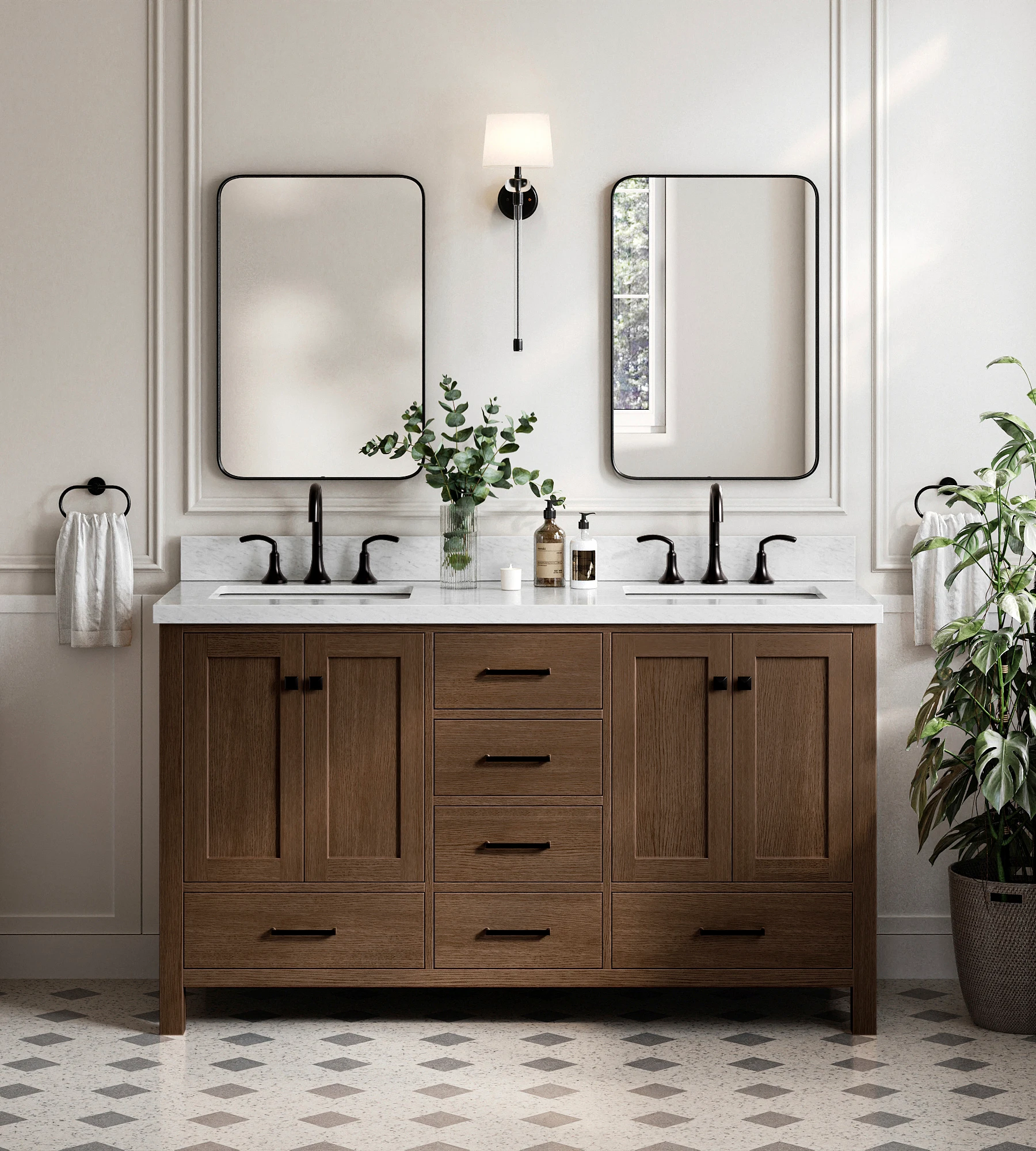 ARIEL Cambridge 61 Inch Double Rectangle Sink Bathroom Vanity With Carrara White Marble Countertop 1.5 Inch In Brown Oak