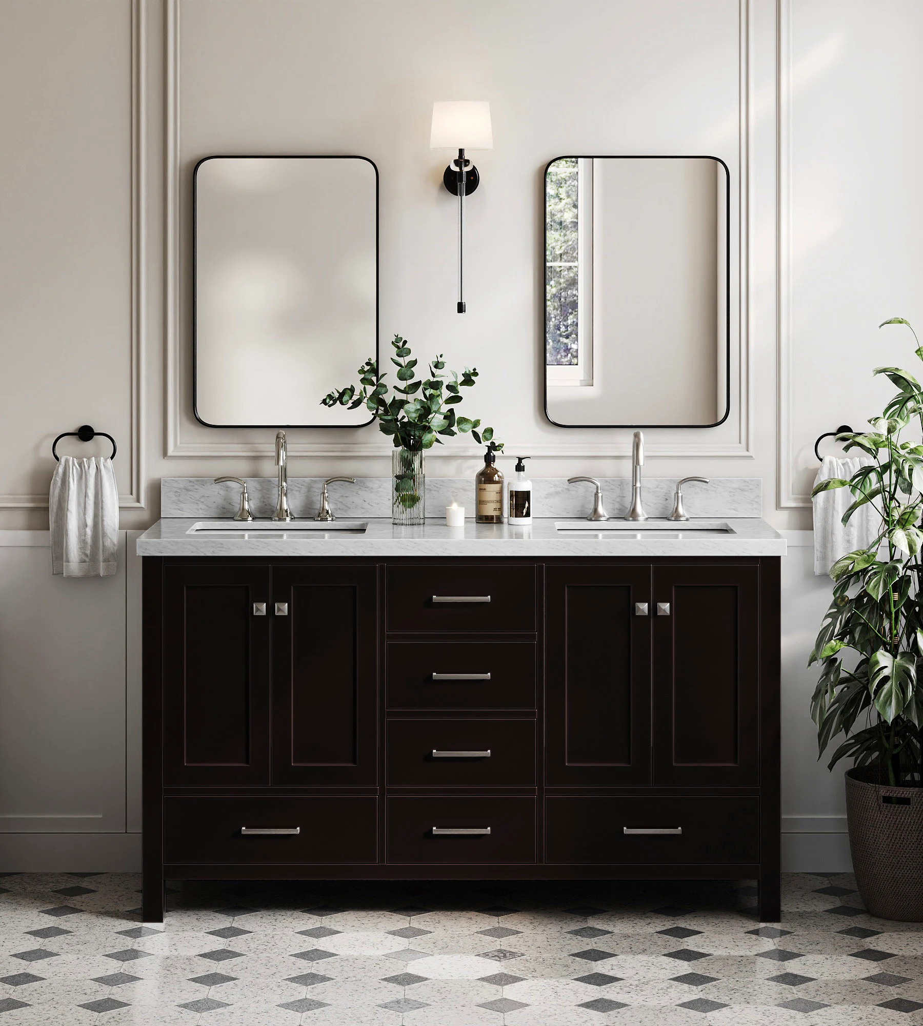 Ariel Cambridge 61 In. Double Sink Bathroom Vanity With Italian Carrara White Marble 1.5 In Edge In Espresso