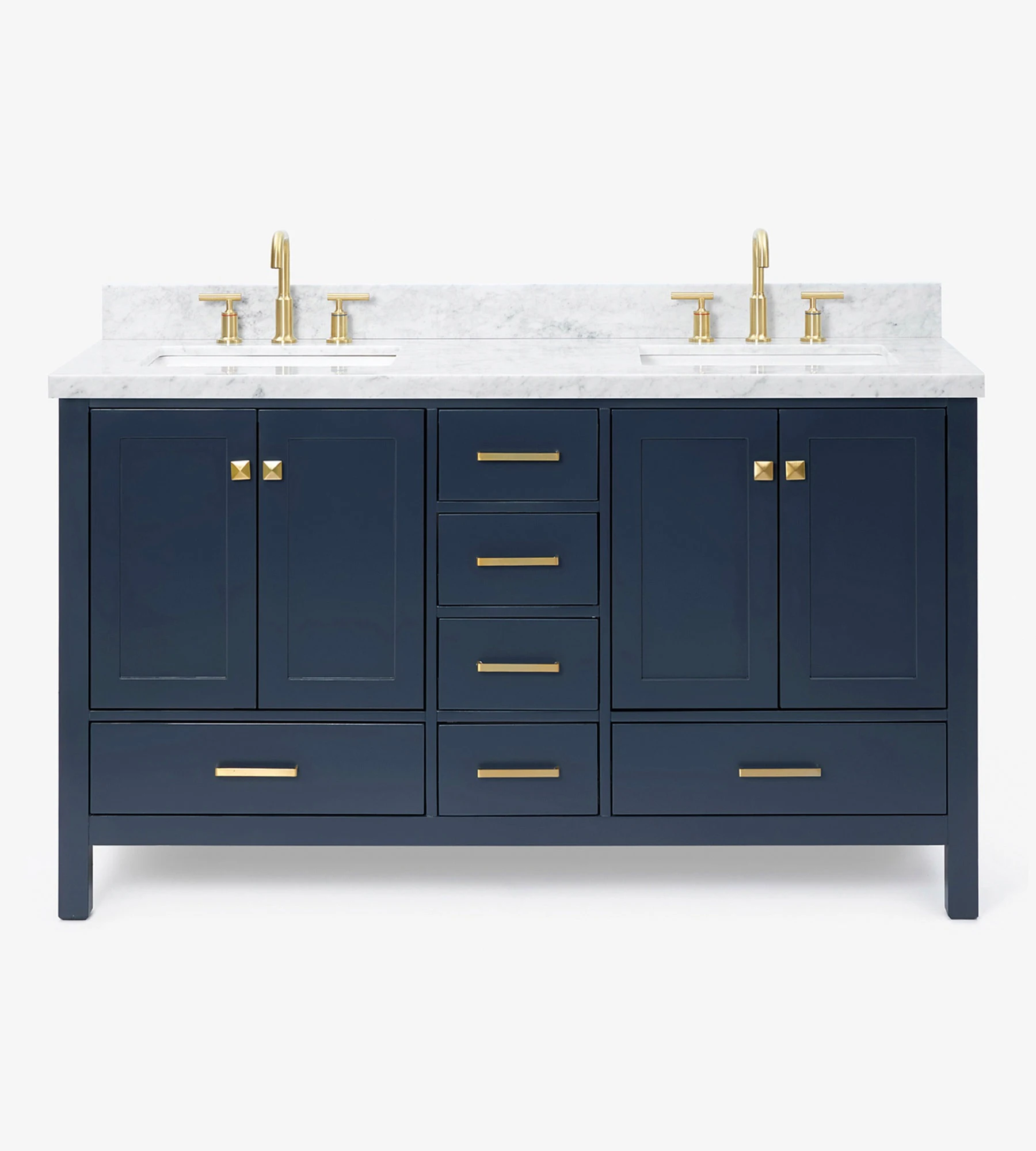 ARIEL Cambridge 61 In. Double Rectangle Sink Bathroom Vanity With Italian Carrara White Marble 1.5 In Edge In Midnight Blue
