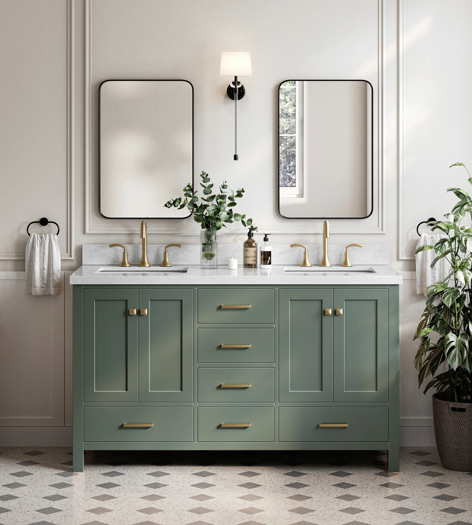 ARIEL Cambridge 61 Inch Double Rectangle Sink Bathroom Vanity With Carrara White Marble Countertop 1.5 Inch In Vintage Sage Green