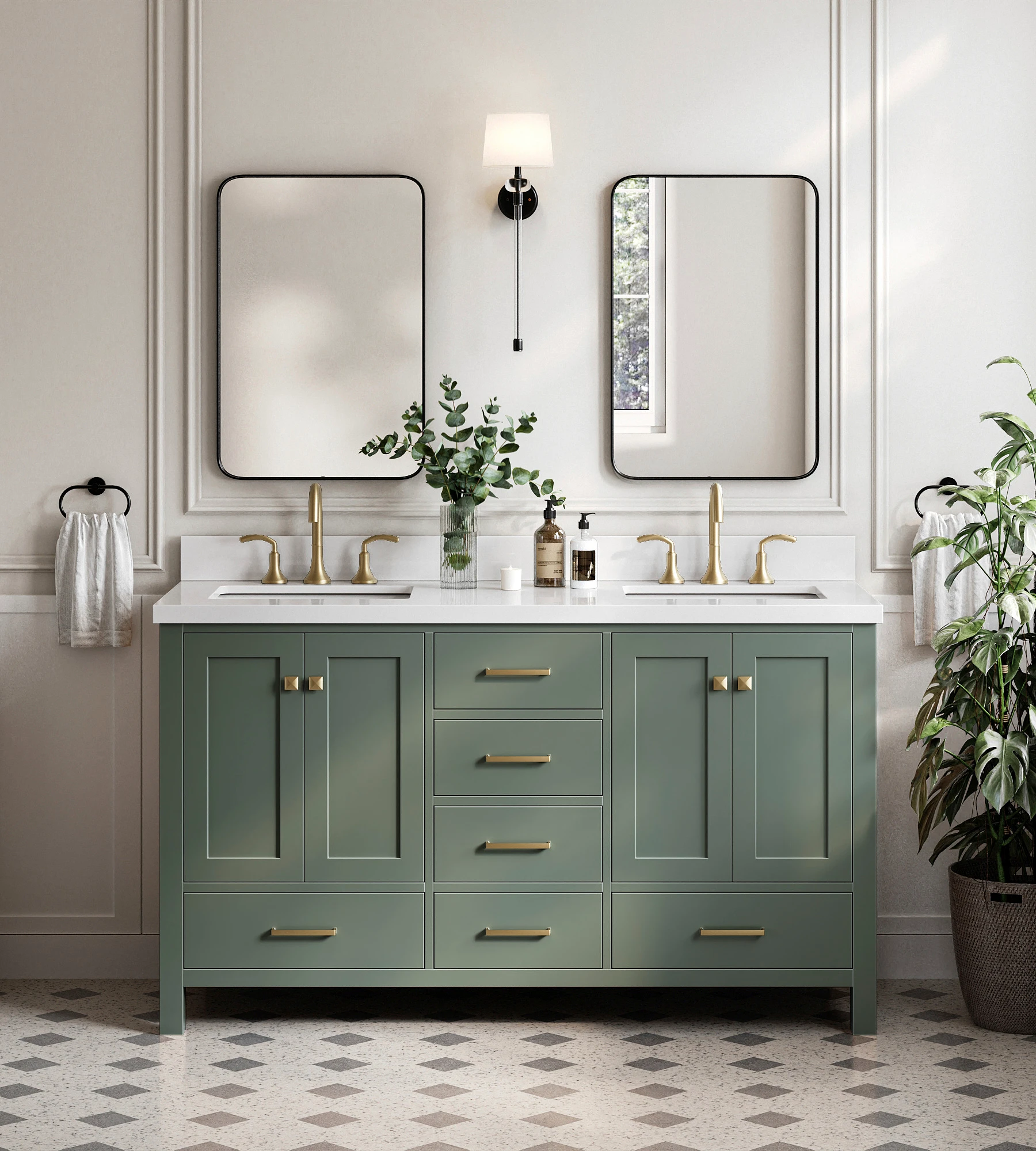 ARIEL Cambridge 60 Inch Double Sink Base Cabinet In Vintage Sage Green