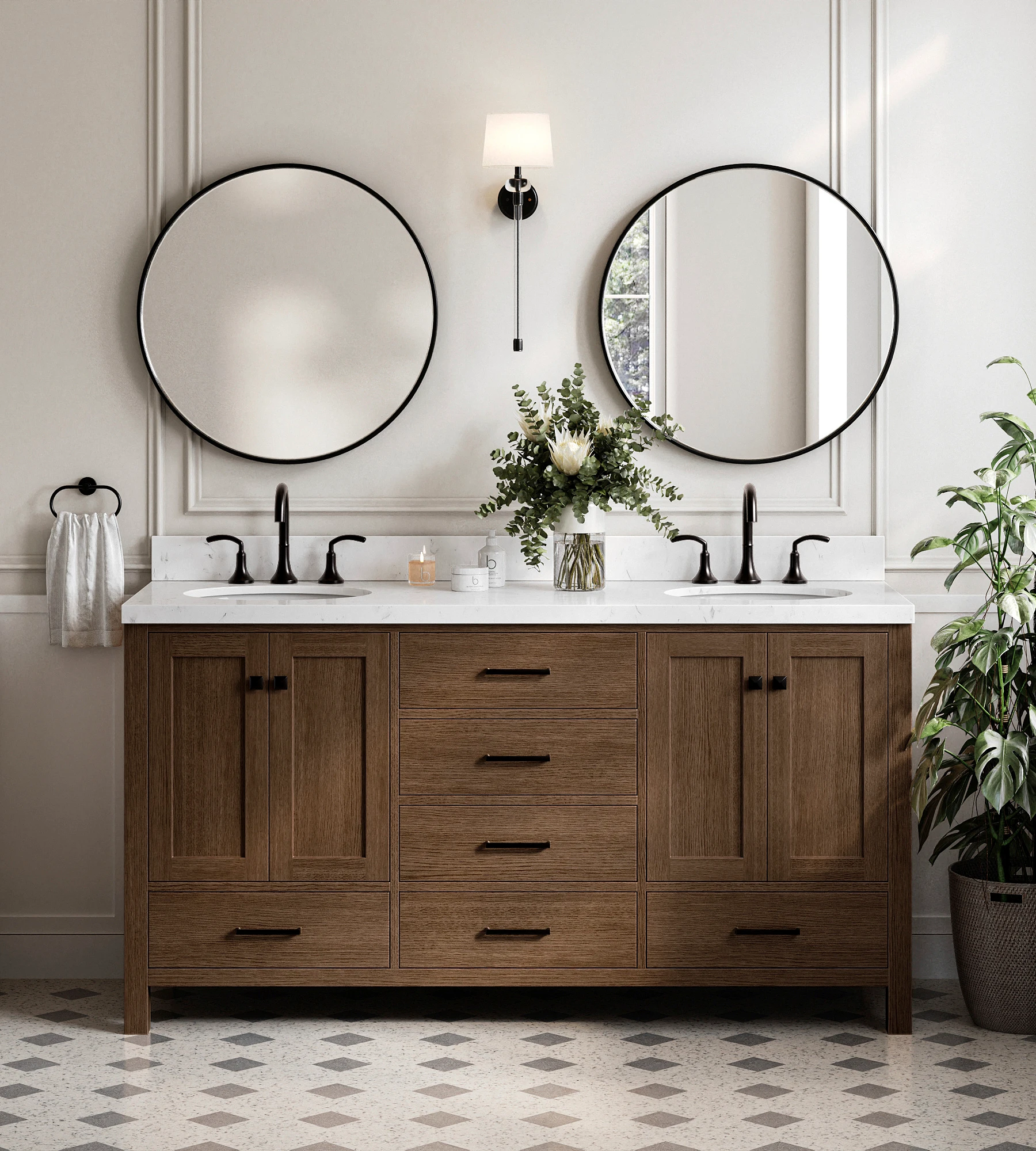ARIEL Cambridge 66 Inch Double Oval Sink Bathroom Vanity With Carrara White Quartz Countertop 1.5 Inch In Brown Oak