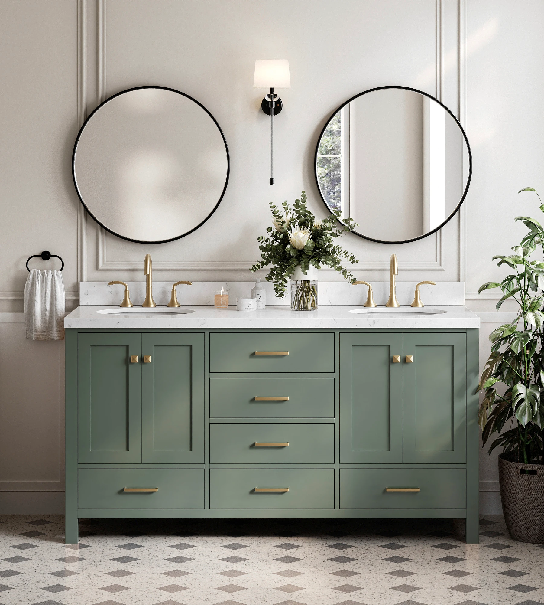 ARIEL Cambridge 66 Inch Double Oval Sink Bathroom Vanity With Carrara White Quartz Countertop 1.5 Inch In Vintage Sage Green