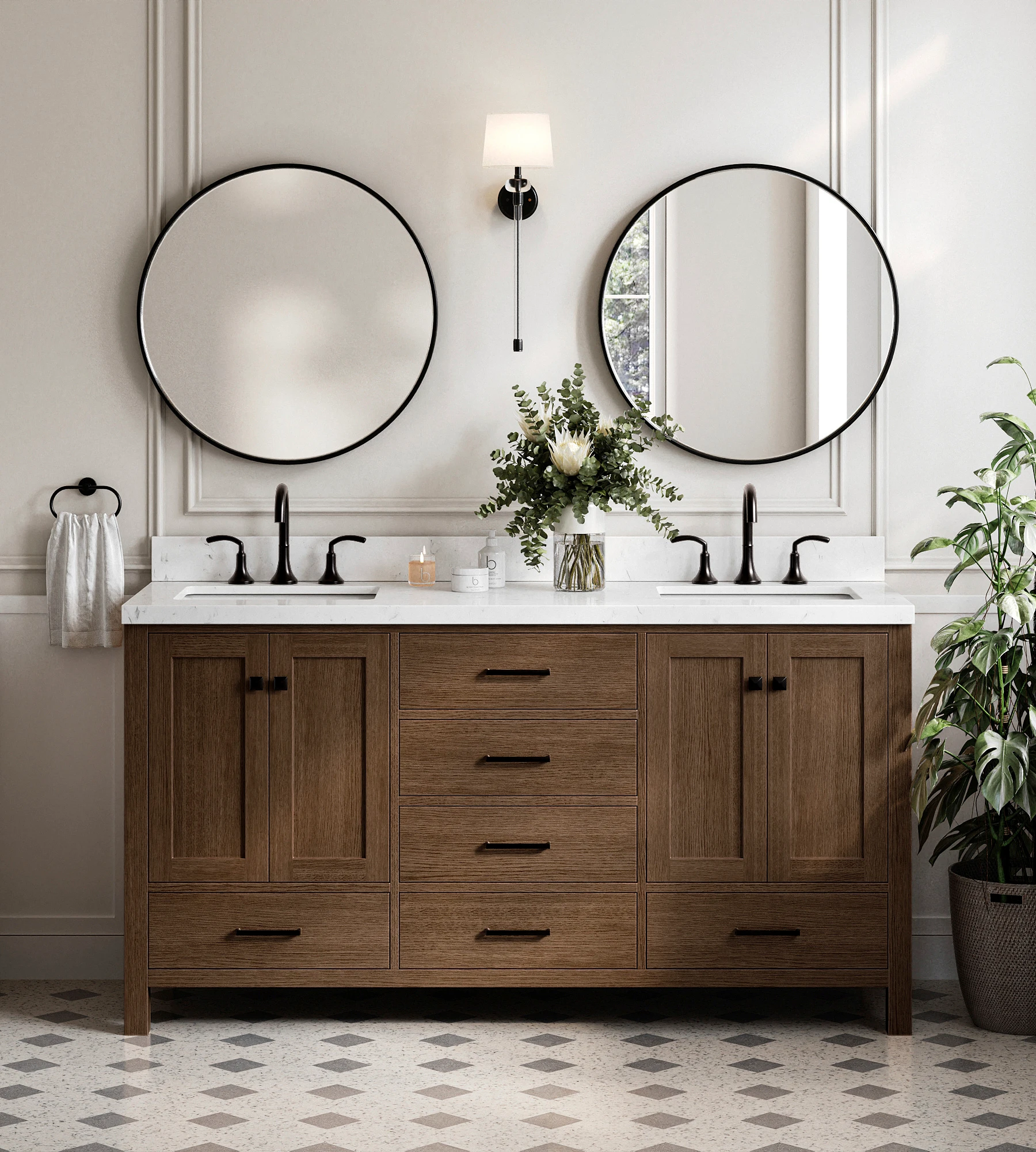 ARIEL Cambridge 66 Inch Double Rectangle Sink Bathroom Vanity With Carrara White Quartz Countertop 1.5 Inch In Brown Oak
