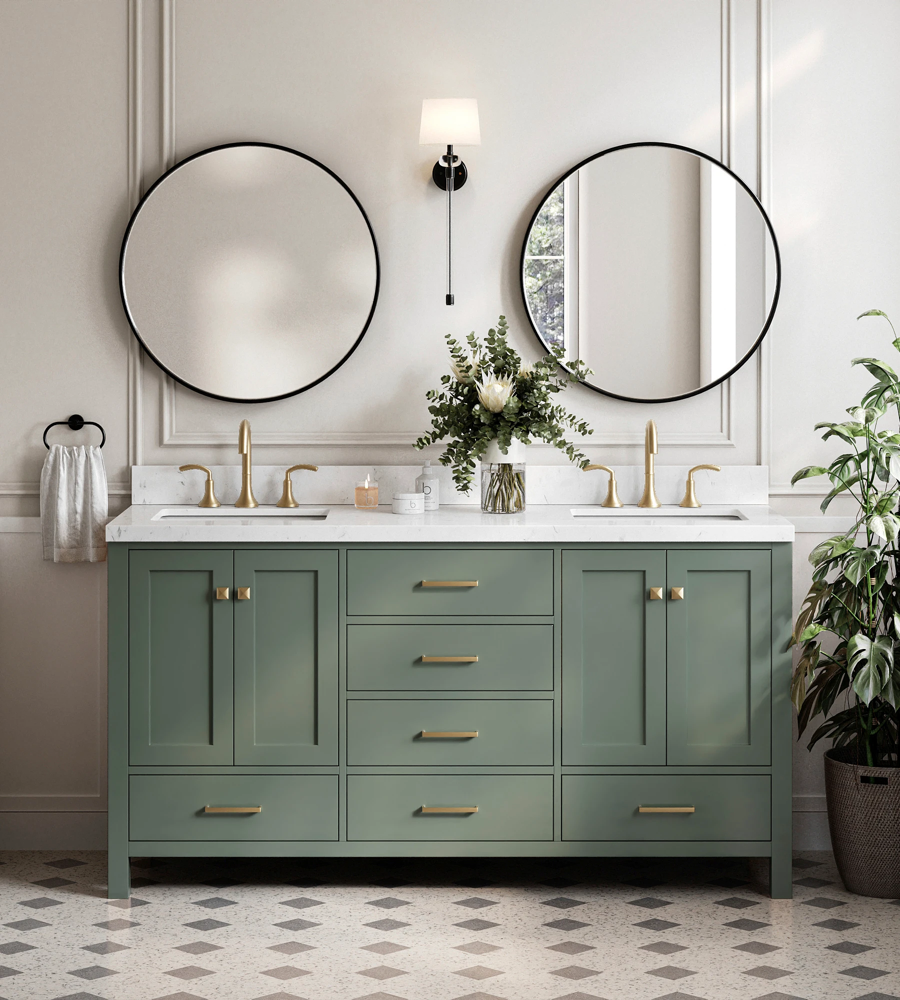 ARIEL Cambridge 66 Inch Double Rectangle Sink Bathroom Vanity With Carrara White Quartz Countertop 1.5 Inch In Vintage Sage Green