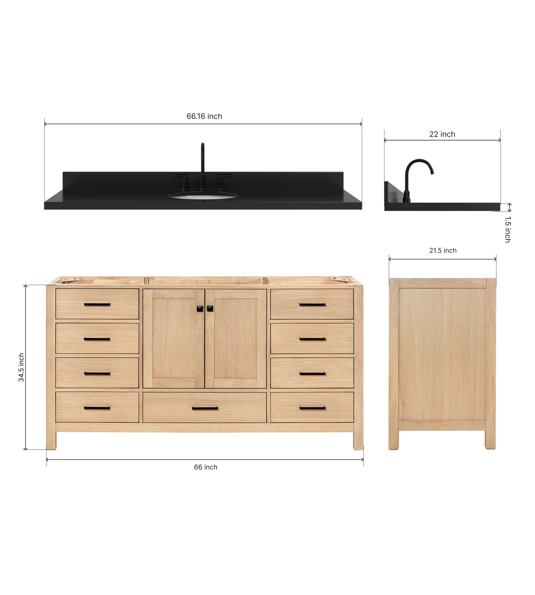 ARIEL Cambridge 66 Inch Single Oval Sink Bathroom Vanity With Carbon Black Quartz Countertop 1.5 Inch In Oak
