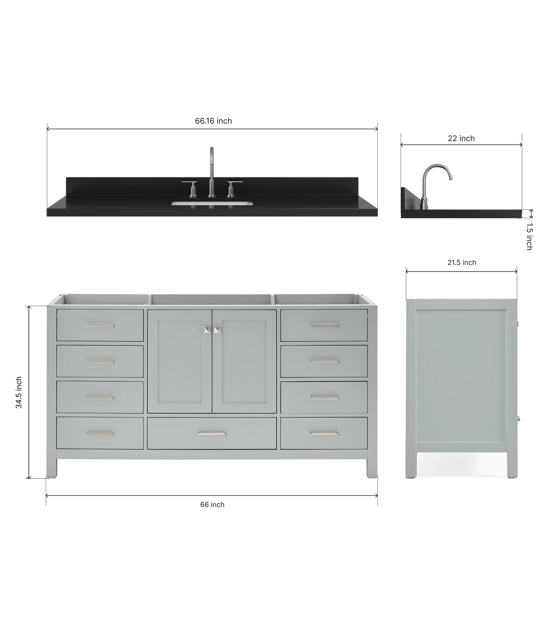 ARIEL Cambridge 66 Inch Single Rectangle Sink Bathroom Vanity With Carbon Black Quartz Countertop 1.5 Inch In Grey