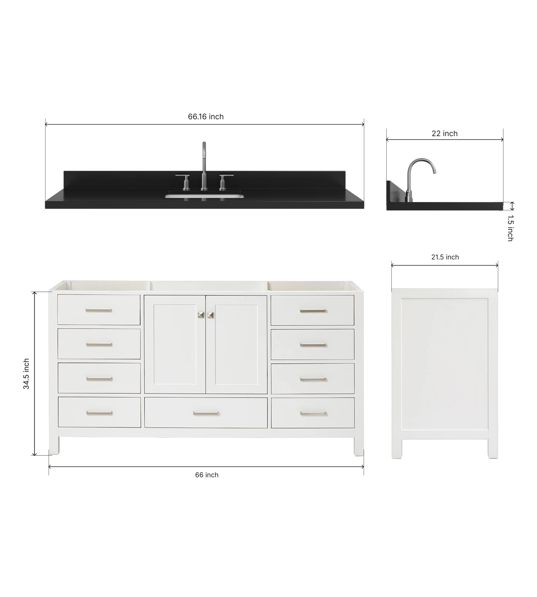 ARIEL Cambridge 66 Inch Single Rectangle Sink Bathroom Vanity With Carbon Black Quartz Countertop 1.5 Inch In White