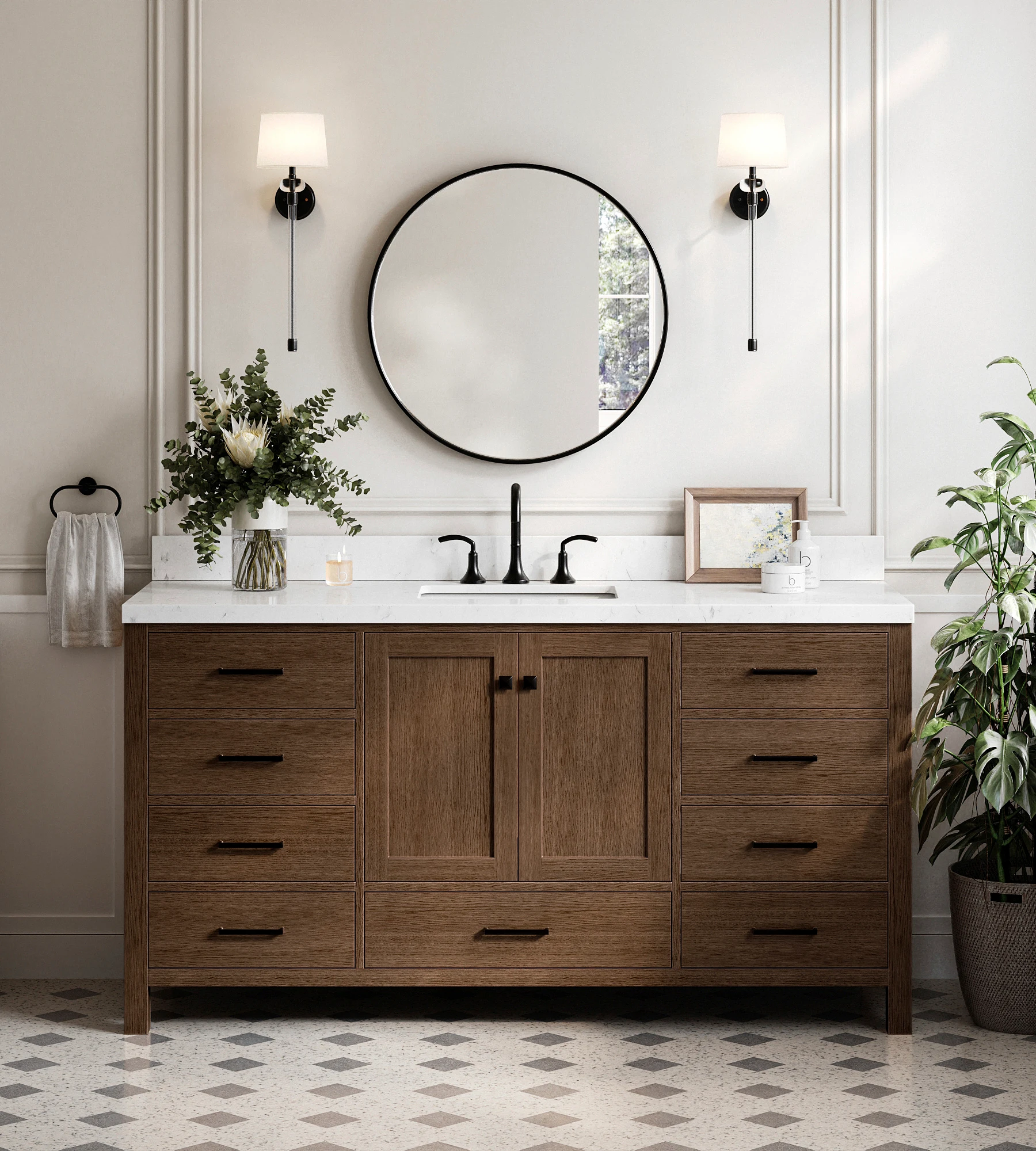 ARIEL Cambridge 66 Inch Single Rectangle Sink Bathroom Vanity With Carrara White Quartz Countertop 1.5 Inch In Brown Oak