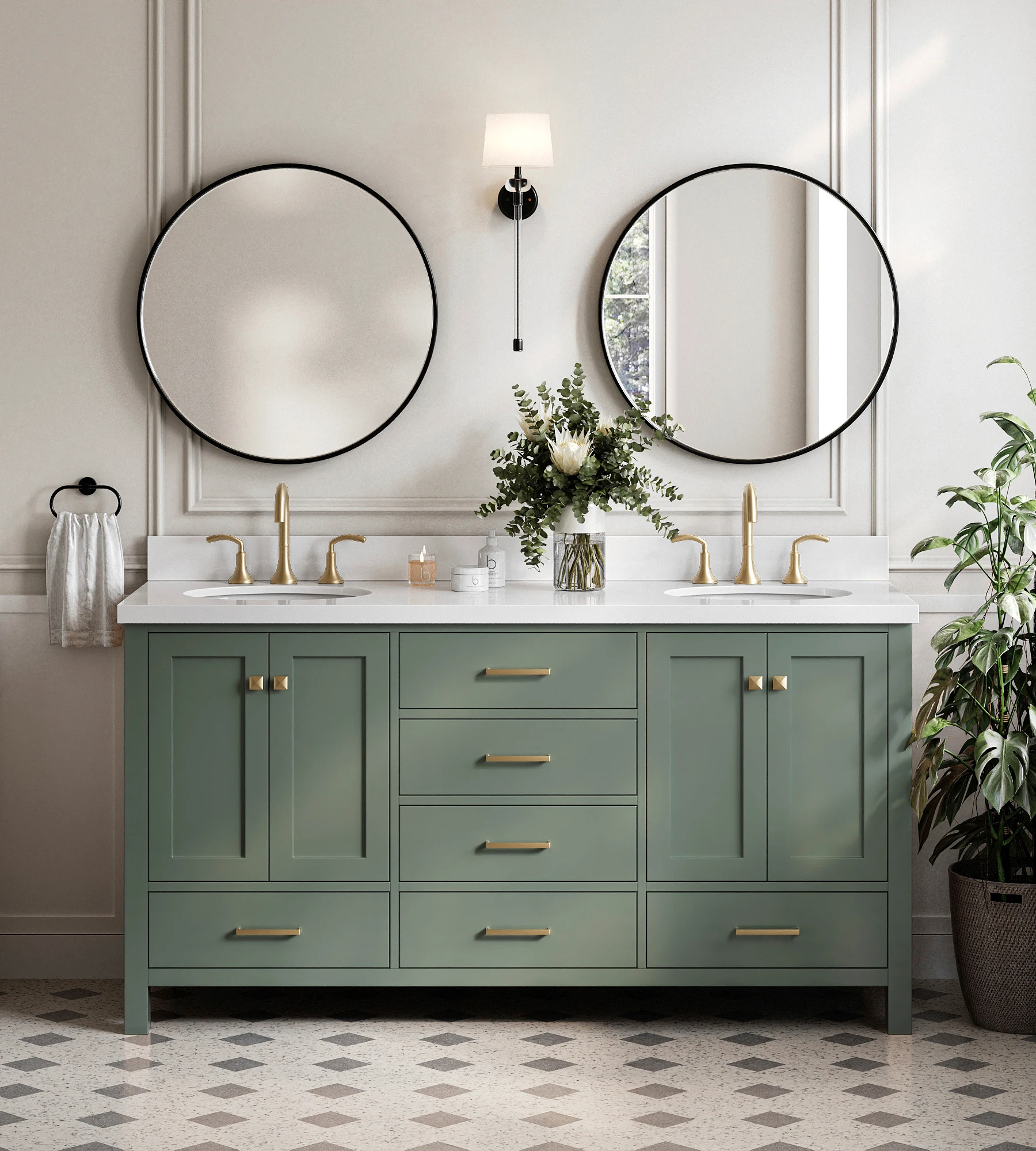 ARIEL Cambridge 67 Inch Double Oval Sink Bathroom Vanity With Pure White Quartz Countertop 1.5 Inch In Vintage Sage Green
