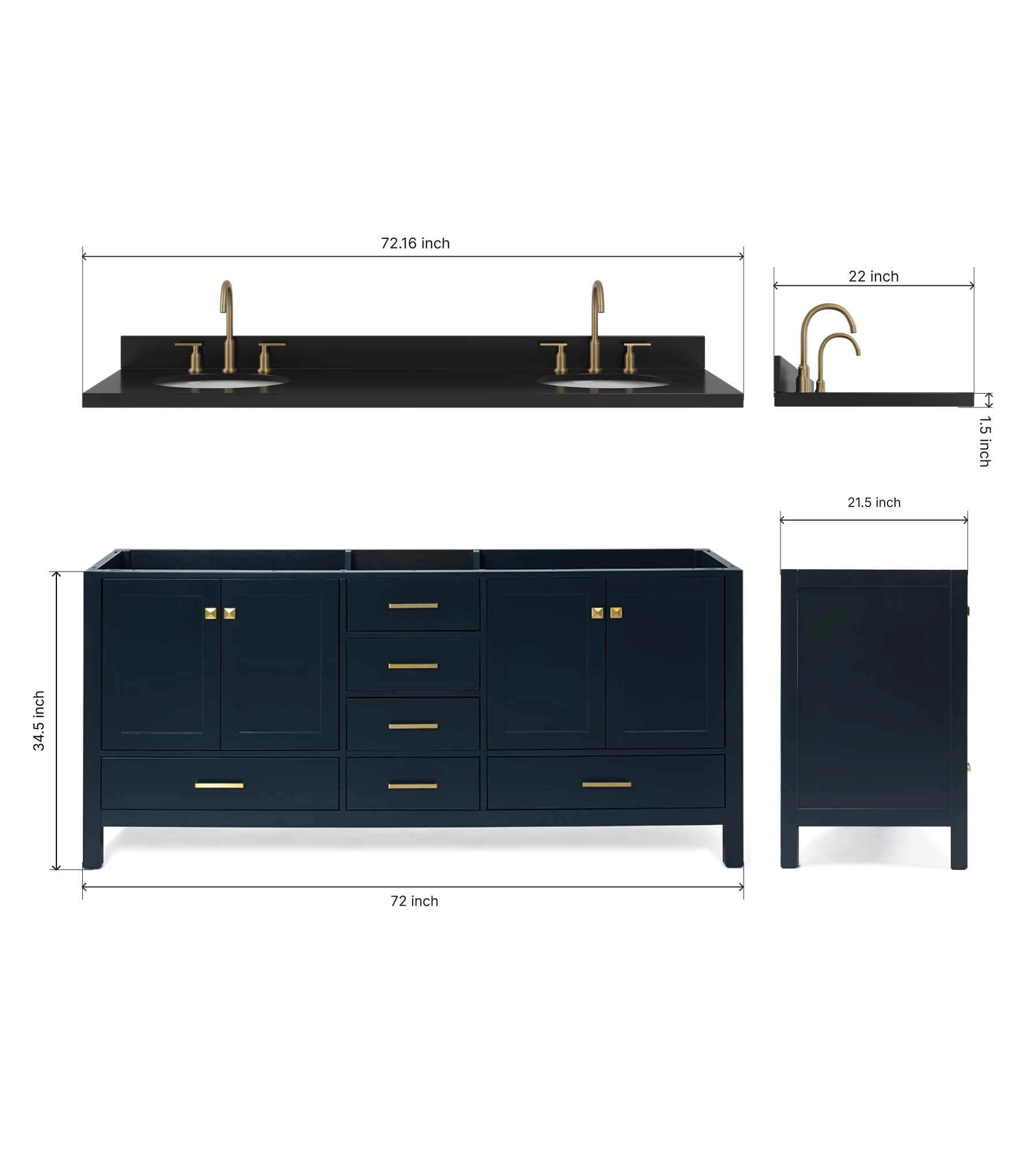 ARIEL Cambridge 72 Inch Double Oval Sink Bathroom Vanity With Carbon Black Quartz Countertop 1.5 Inch In Midnight Blue