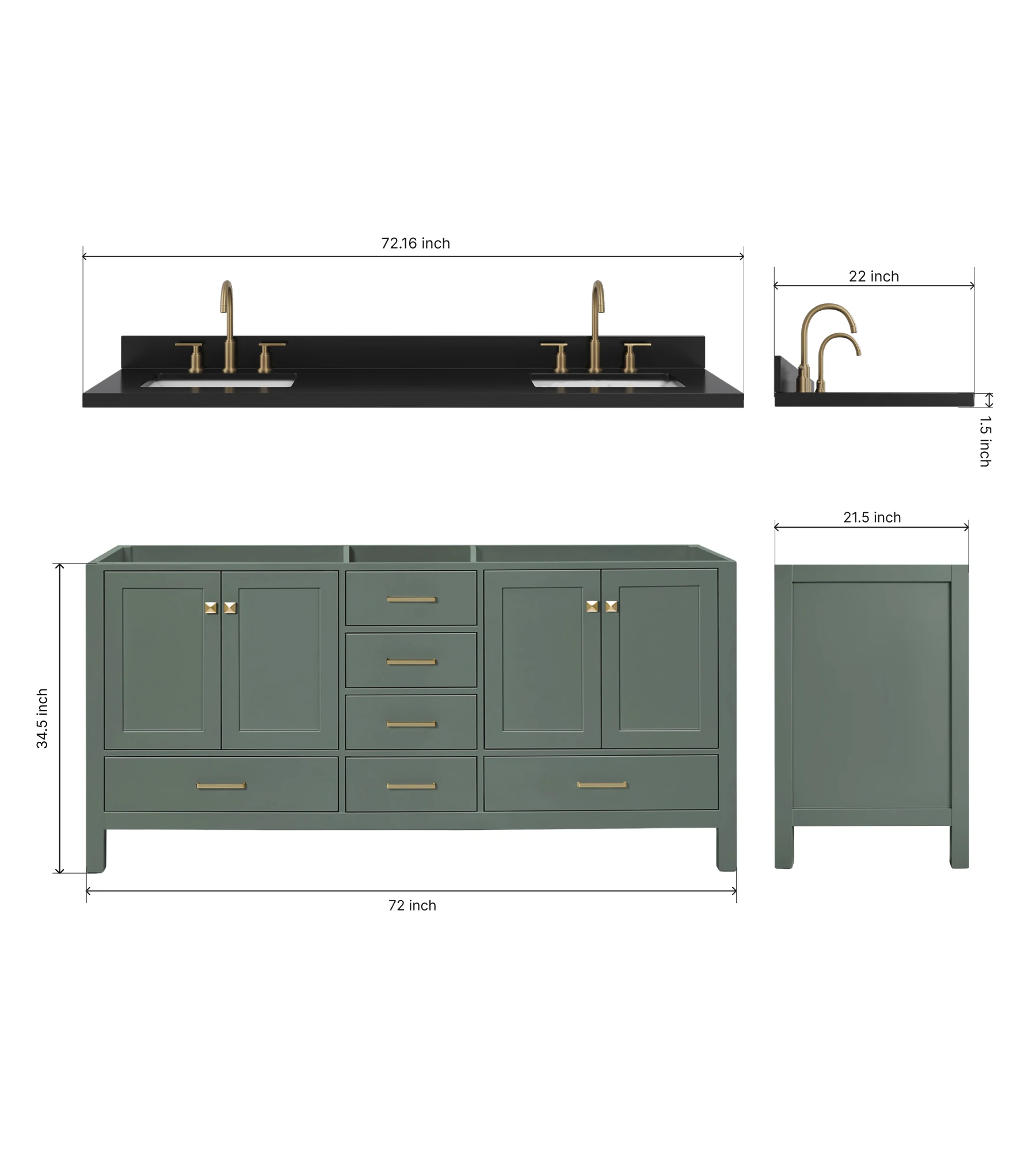 ARIEL Cambridge 72 Inch Double Rectangle Sink Bathroom Vanity With Carbon Black Quartz Countertop 1.5 Inch In Vintage Sage Green