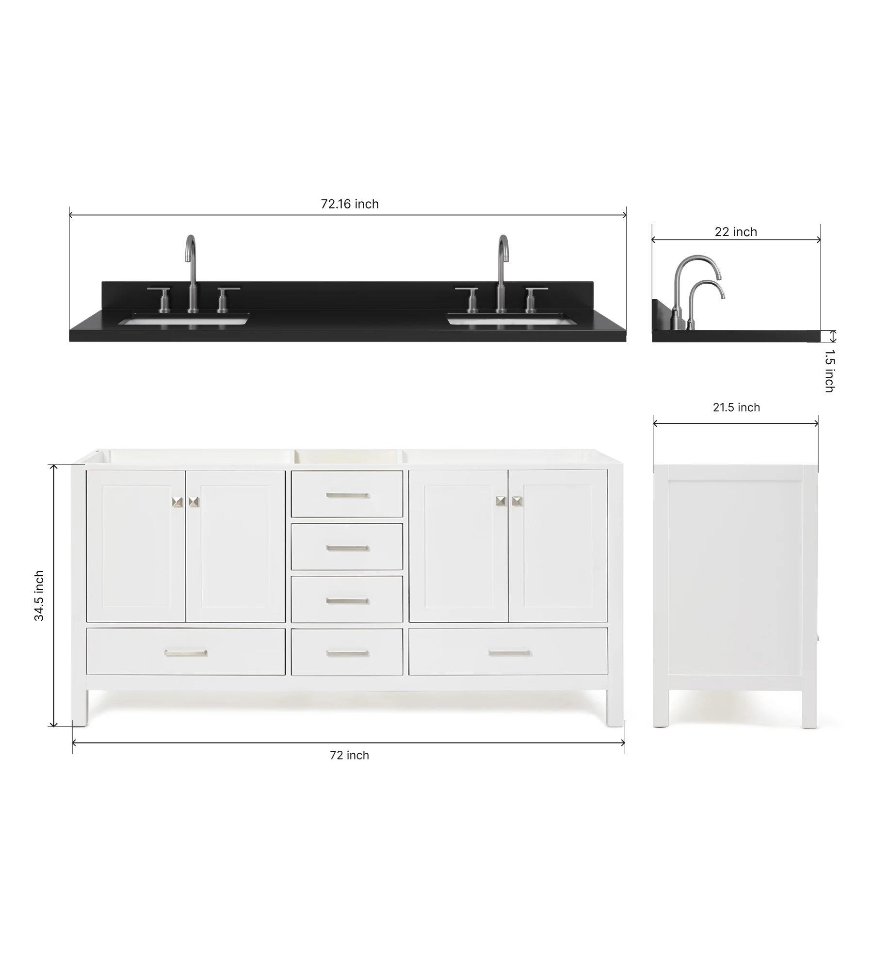 ARIEL Cambridge 72 Inch Double Rectangle Sink Bathroom Vanity With Carbon Black Quartz Countertop 1.5 Inch In White
