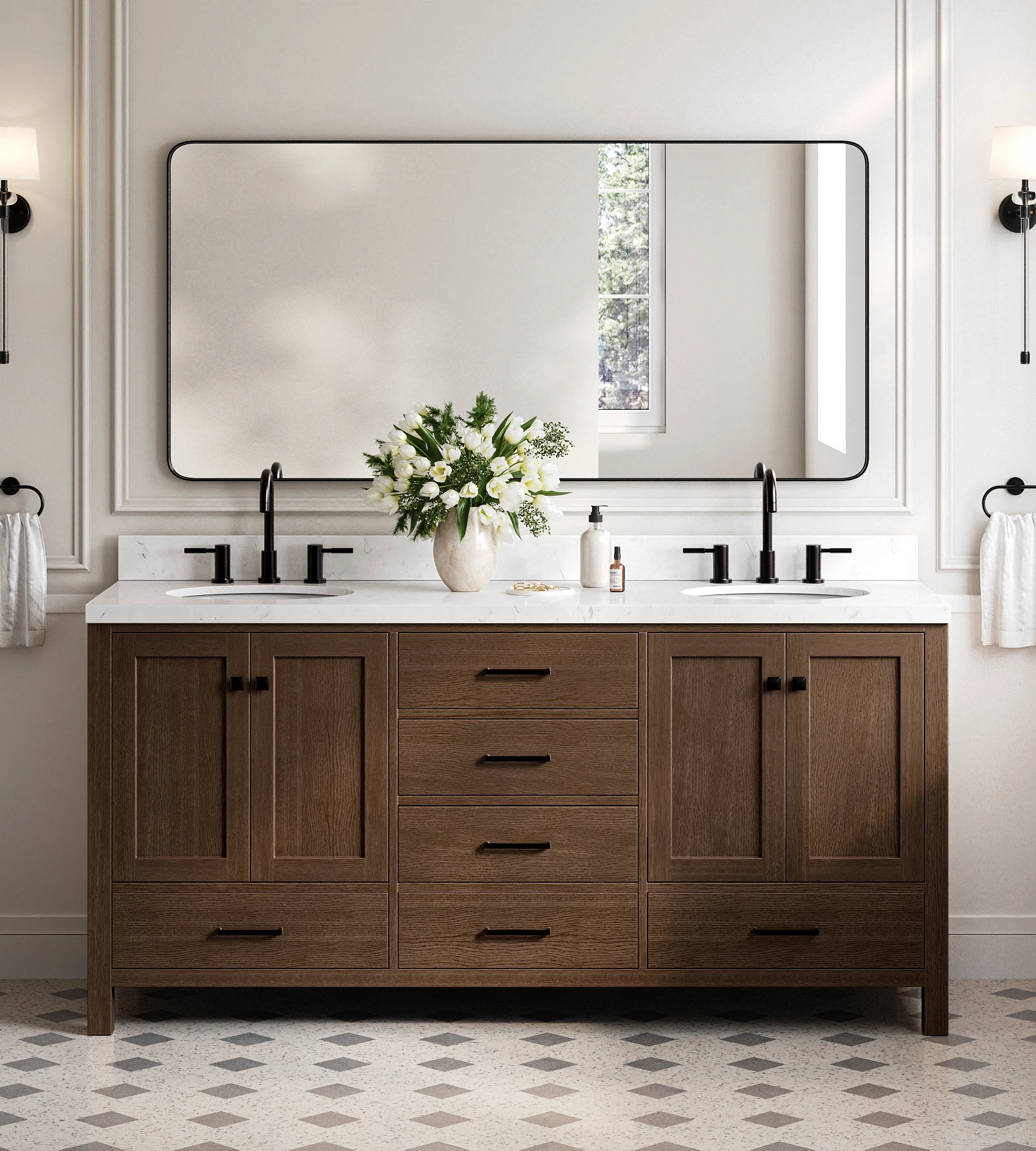 ARIEL Cambridge 72 Inch Double Oval Sink Bathroom Vanity With Carrara White Quartz Countertop 1.5 Inch In Brown Oak