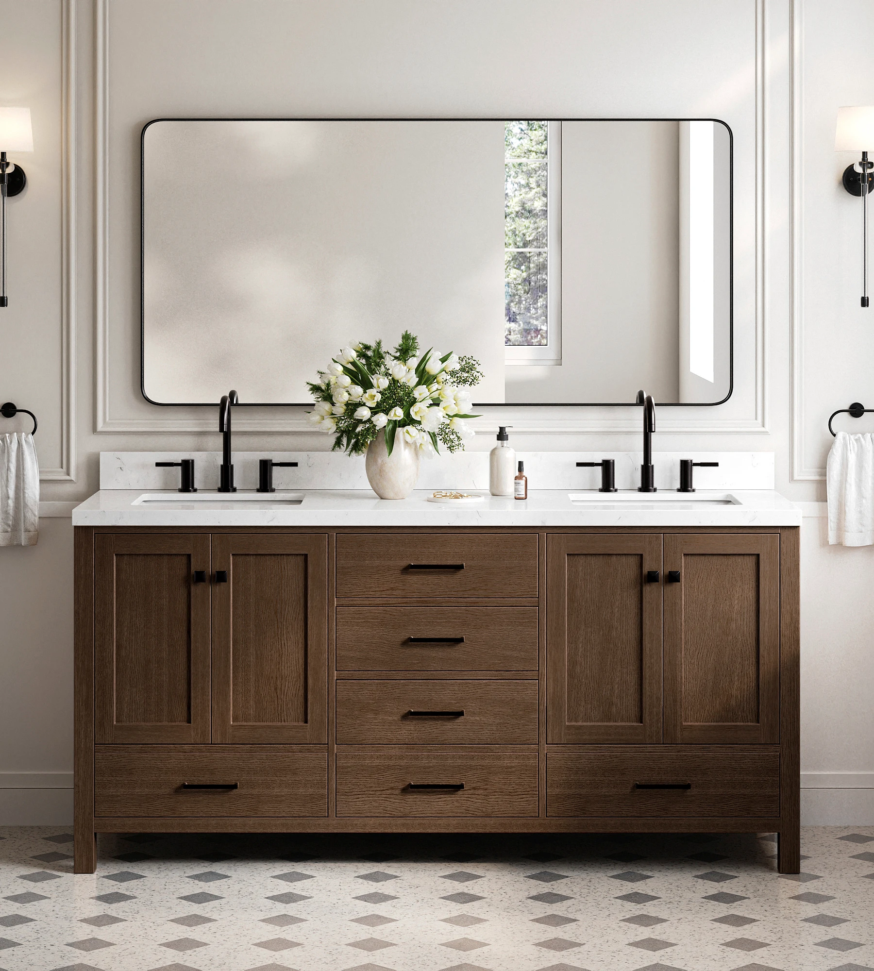 ARIEL Cambridge 72 Inch Double Sink Base Cabinet In Brown Oak
