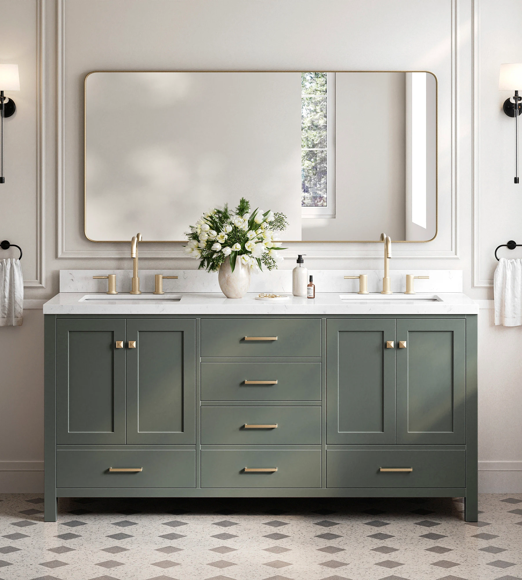 ARIEL Cambridge 72 Inch Double Rectangle Sink Bathroom Vanity With Carrara White Quartz Countertop 1.5 Edge In Vintage Sage Green