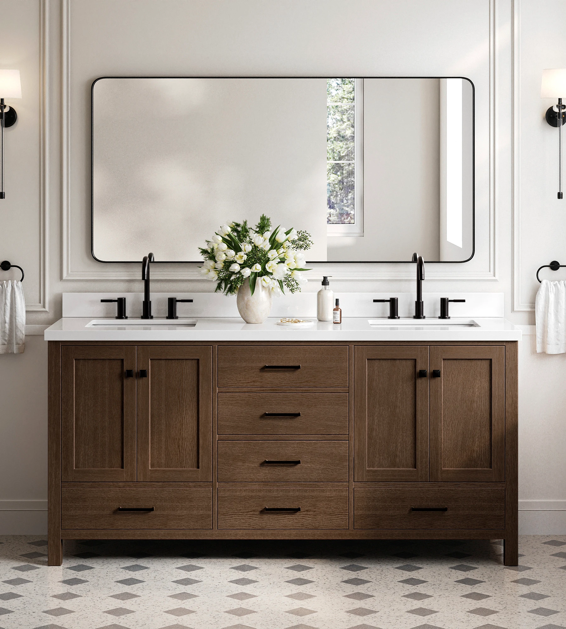 ARIEL Cambridge 73 Inch Double Rectangle Sink Bathroom Vanity With Pure White Quartz Countertop 1.5 Inch In Brown Oak