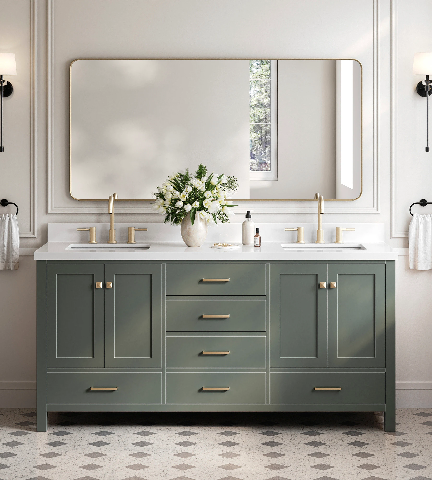 ARIEL Cambridge 73 Inch Double Rectangle Sink Vanity With White Quartz Countertop In Vintage Sage Green