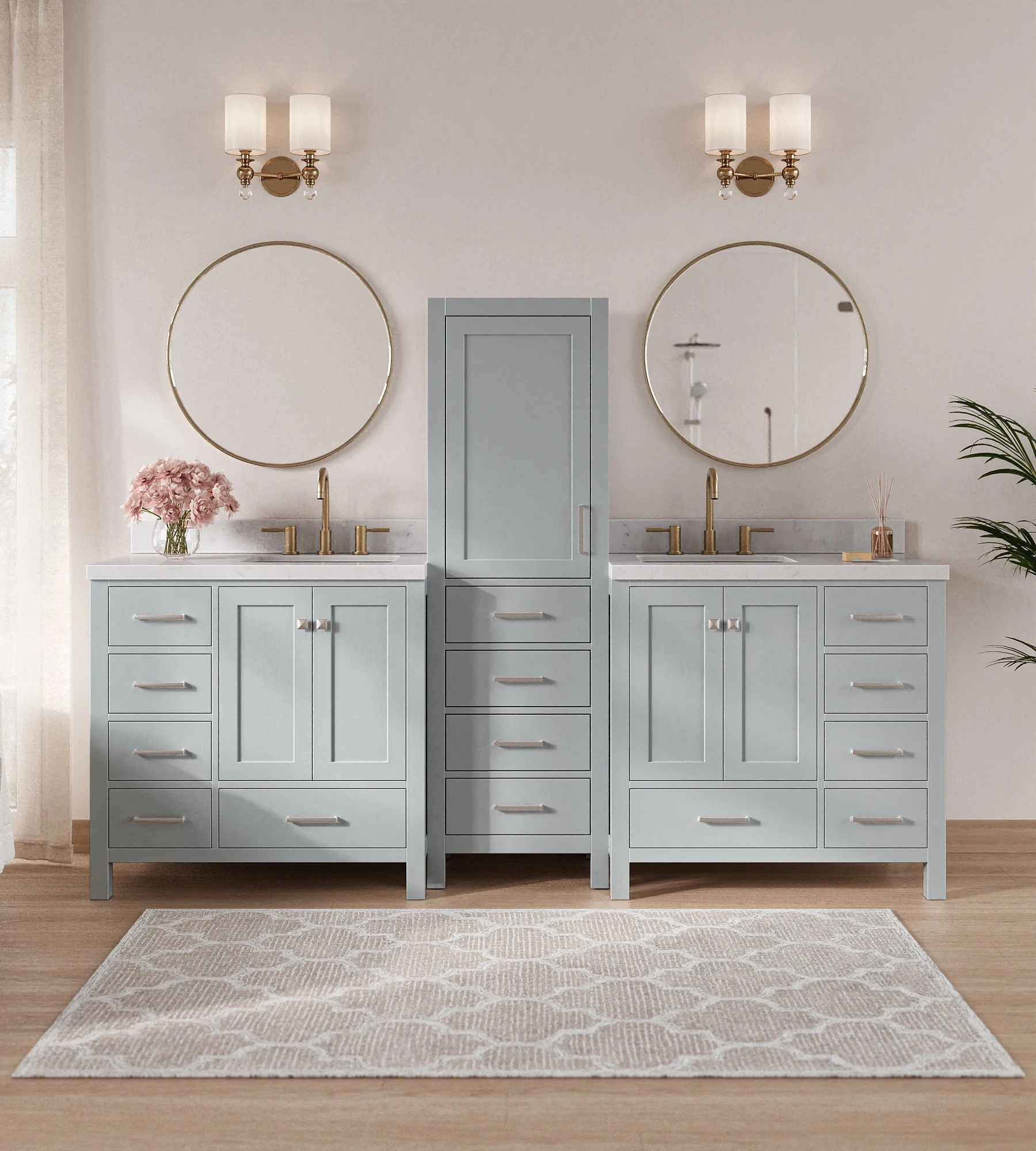 ARIEL Cambridge 92" Double Bathroom Vanity Set With Linen Cabinet In Grey