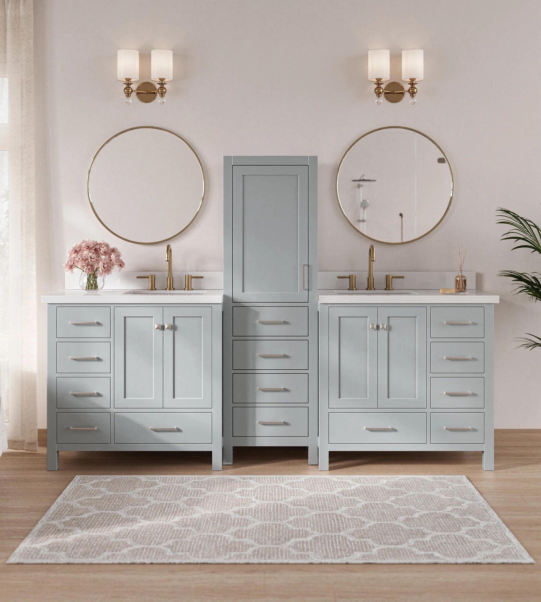 ARIEL Cambridge 94" Double Bathroom Vanity Set With Linen Cabinet In Grey