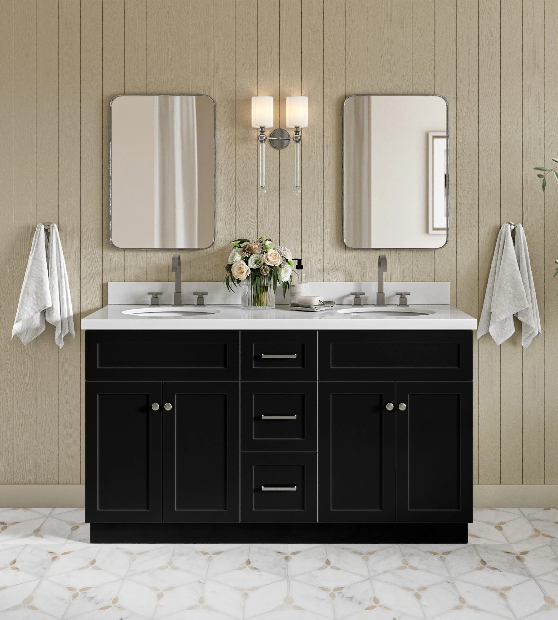 ARIEL Hamlet 61 In. Double Oval Sink Vanity With White Quartz Countertop In Black
