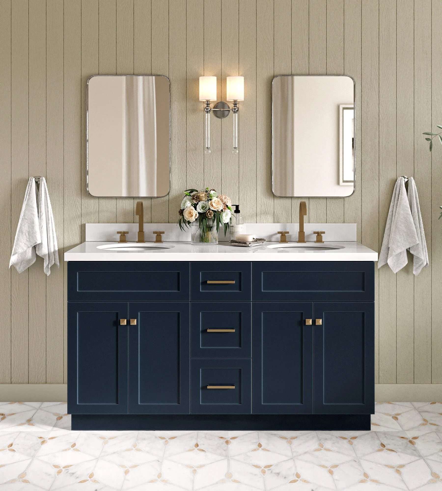 ARIEL Hamlet 61 In. Double Oval Sink Vanity With White Quartz Countertop In Midnight Blue