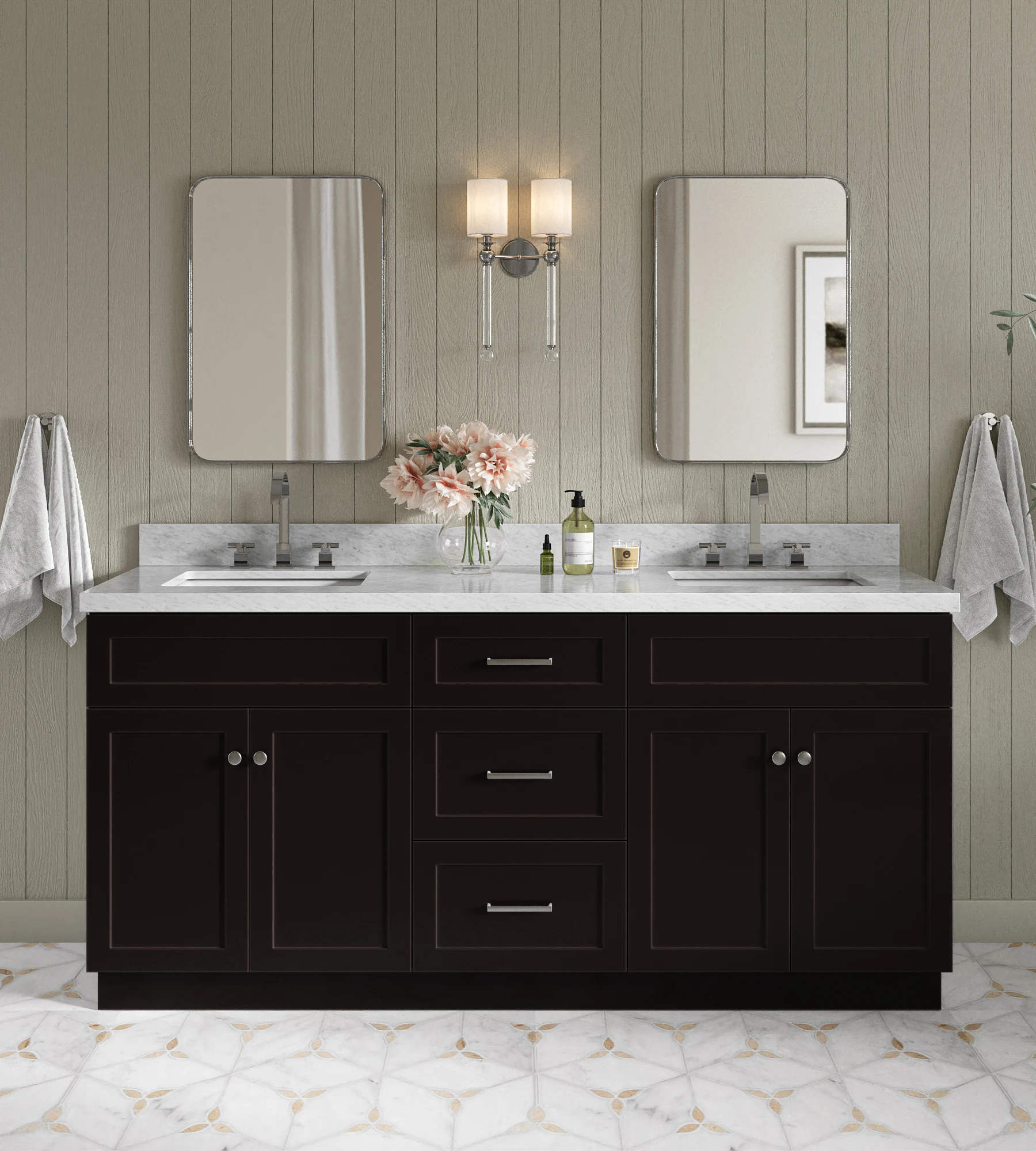 ARIEL Hamlet 73 In. Double Rectangle Sink Vanity With Carrara White Countertop In Black
