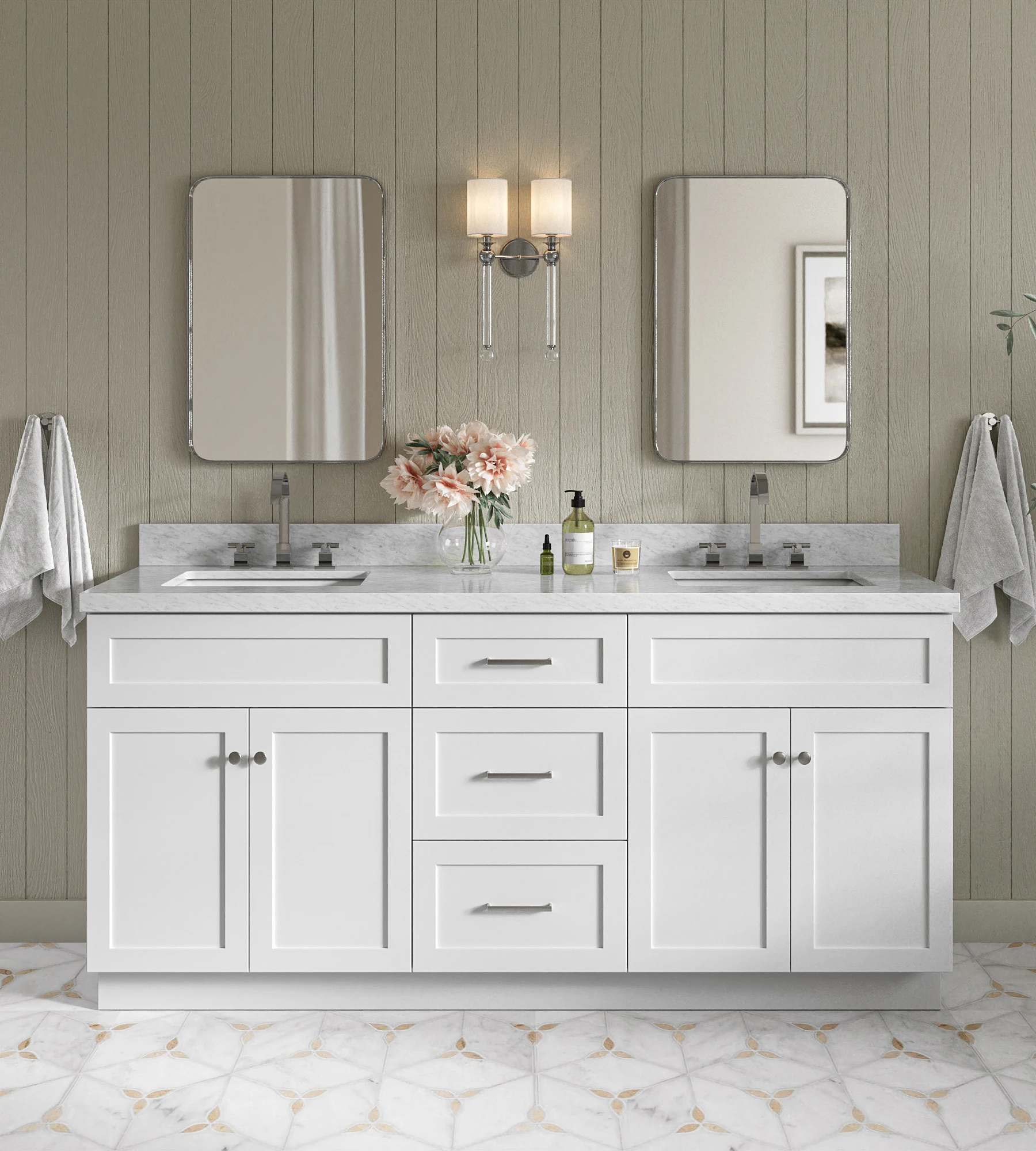 ARIEL Hamlet 73 In. Double Rectangle Sink Vanity With Carrara White Countertop In White