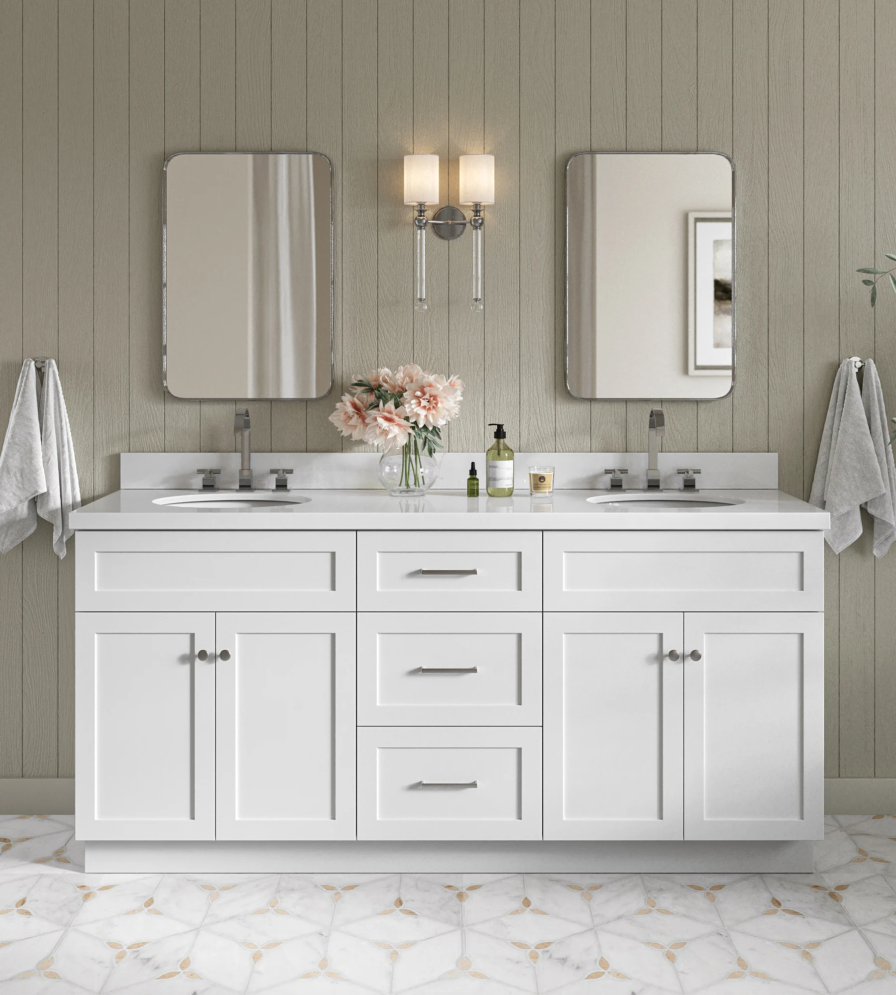 ARIEL Hamlet 73 In. Double Oval Sink Vanity With White Quartz Countertop In White