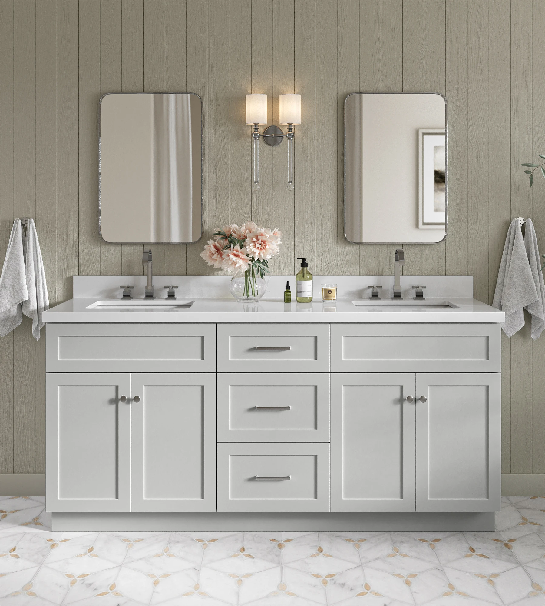 ARIEL Hamlet 73 In. Double Rectangle Sink Vanity With White Quartz Countertop In Grey
