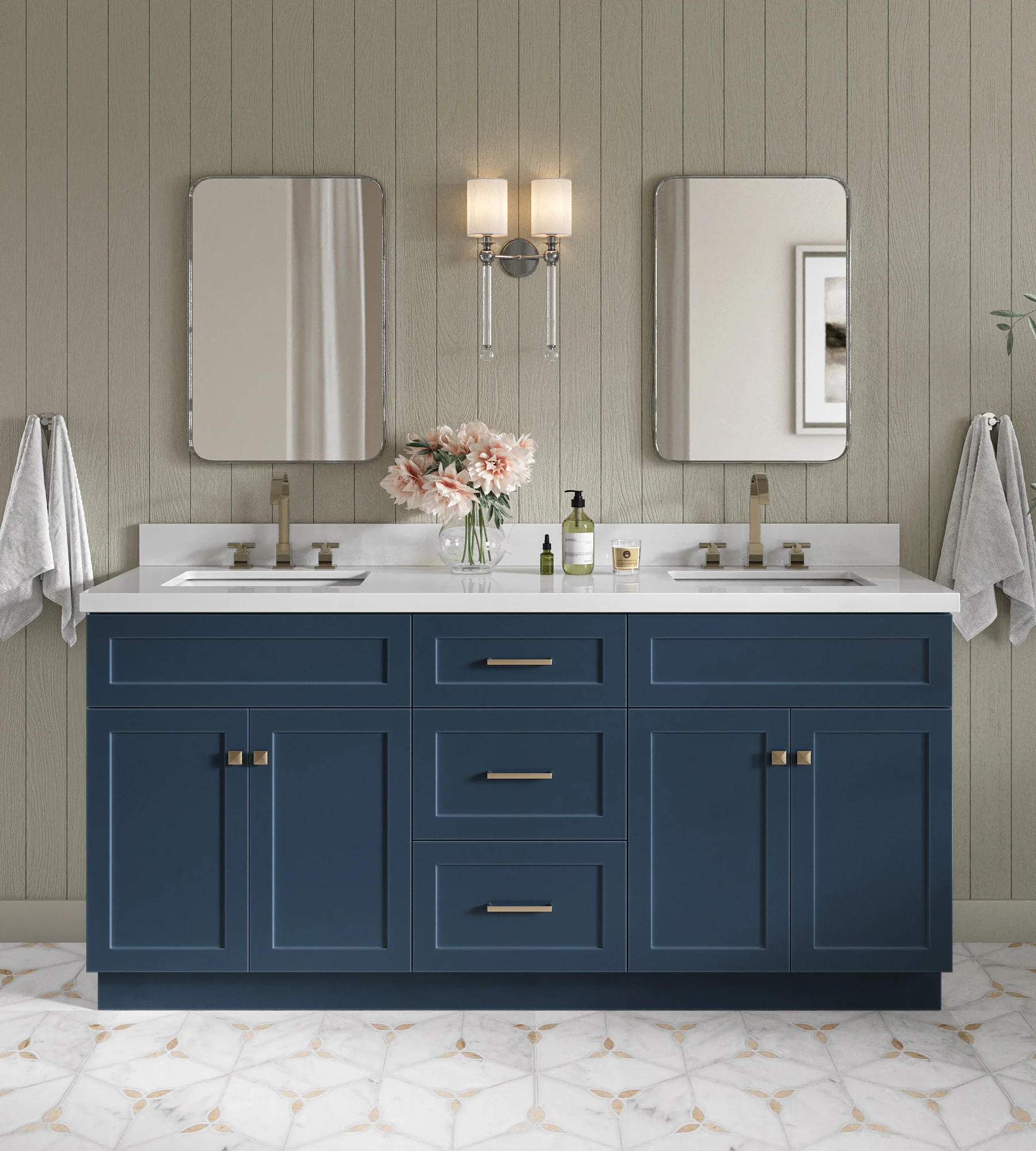 ARIEL Hamlet 73 In. Double Rectangle Sink Vanity With White Quartz Countertop In Midnight Blue