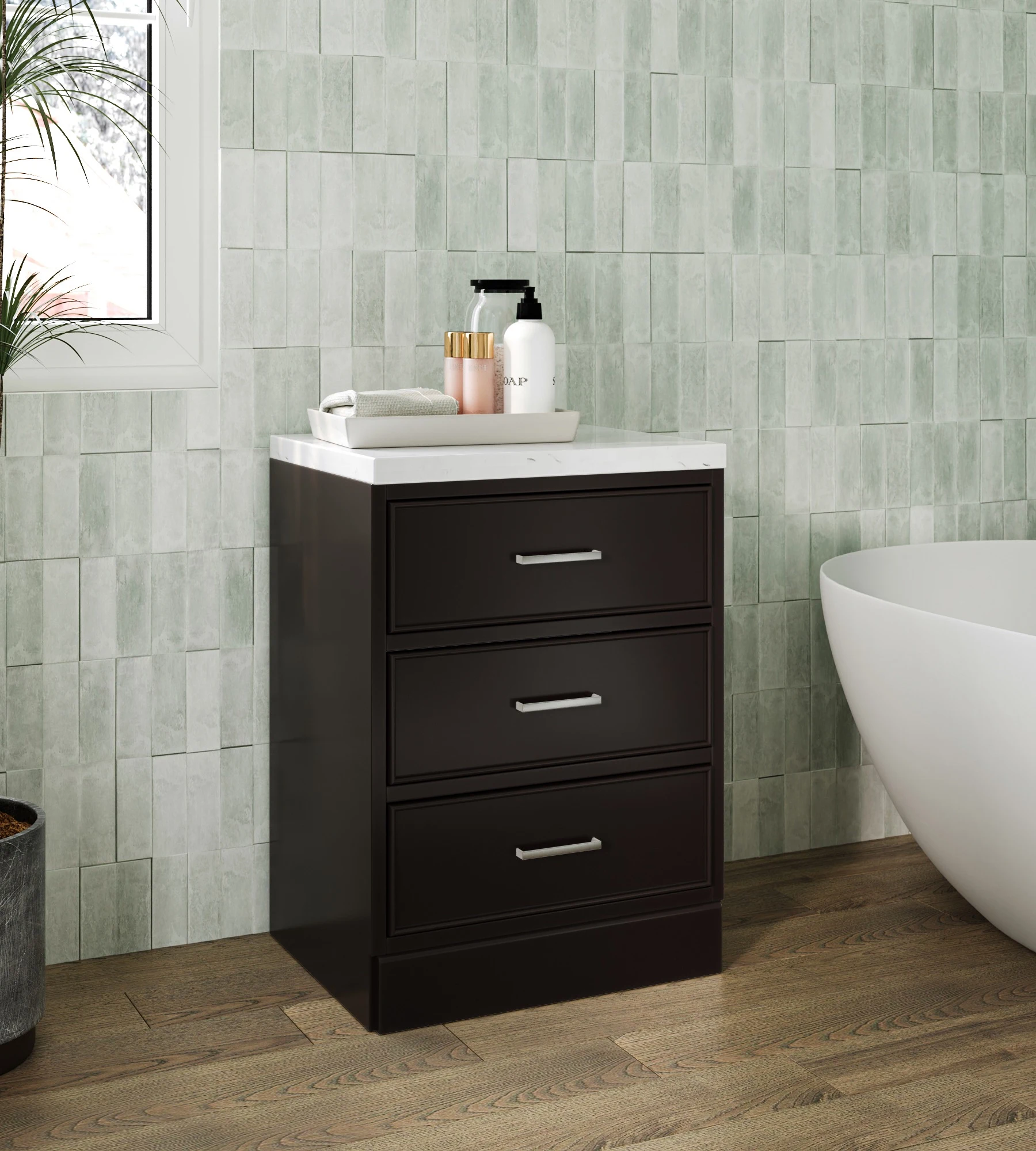 ARIEL Stafford 24 Inch 3-Drawer Base Cabinet With Carrara White Quartz Countertop In Espresso