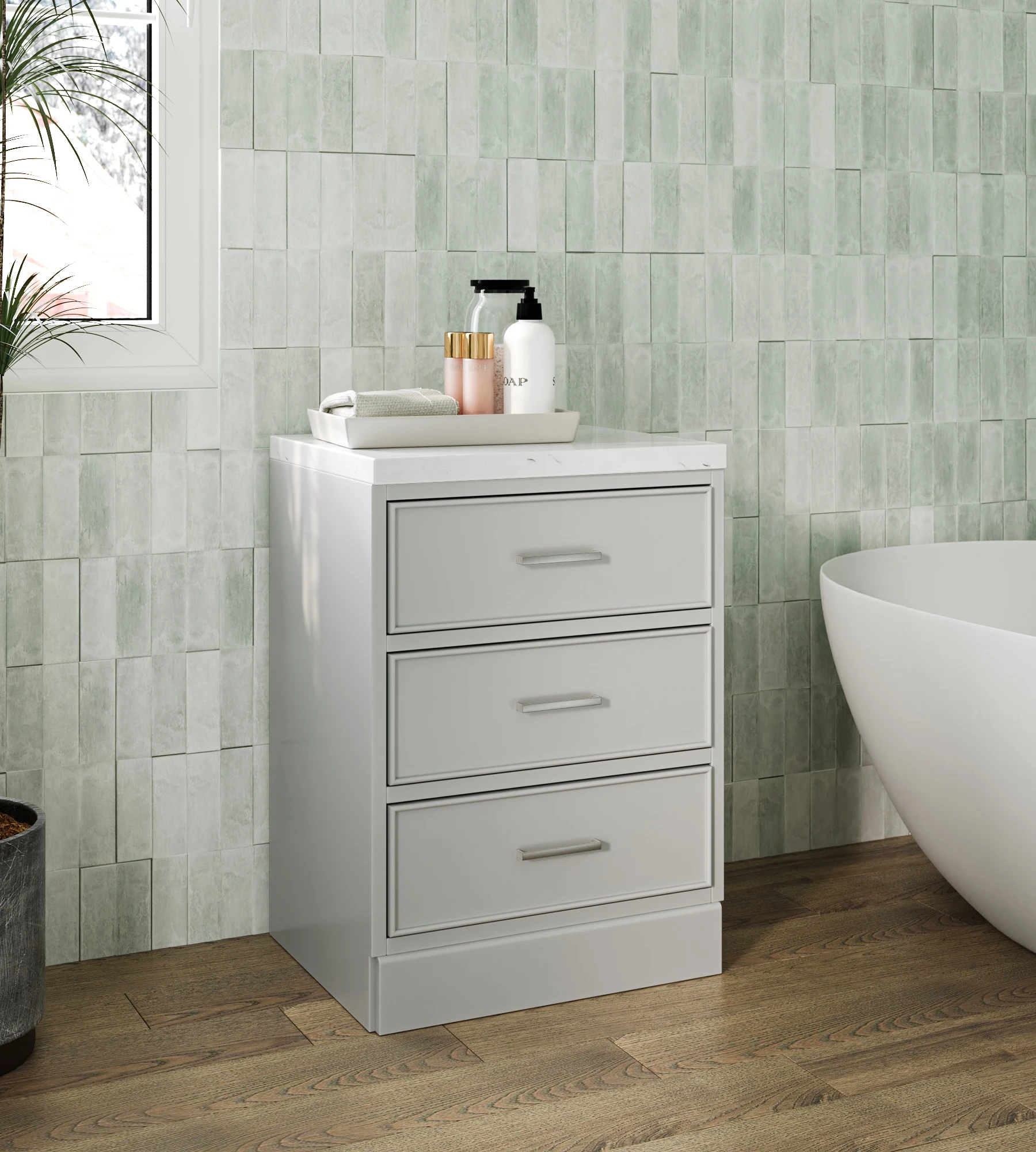 ARIEL Stafford 24 Inch 3-Drawer Base Cabinet With Carrara White Quartz Countertop In Grey