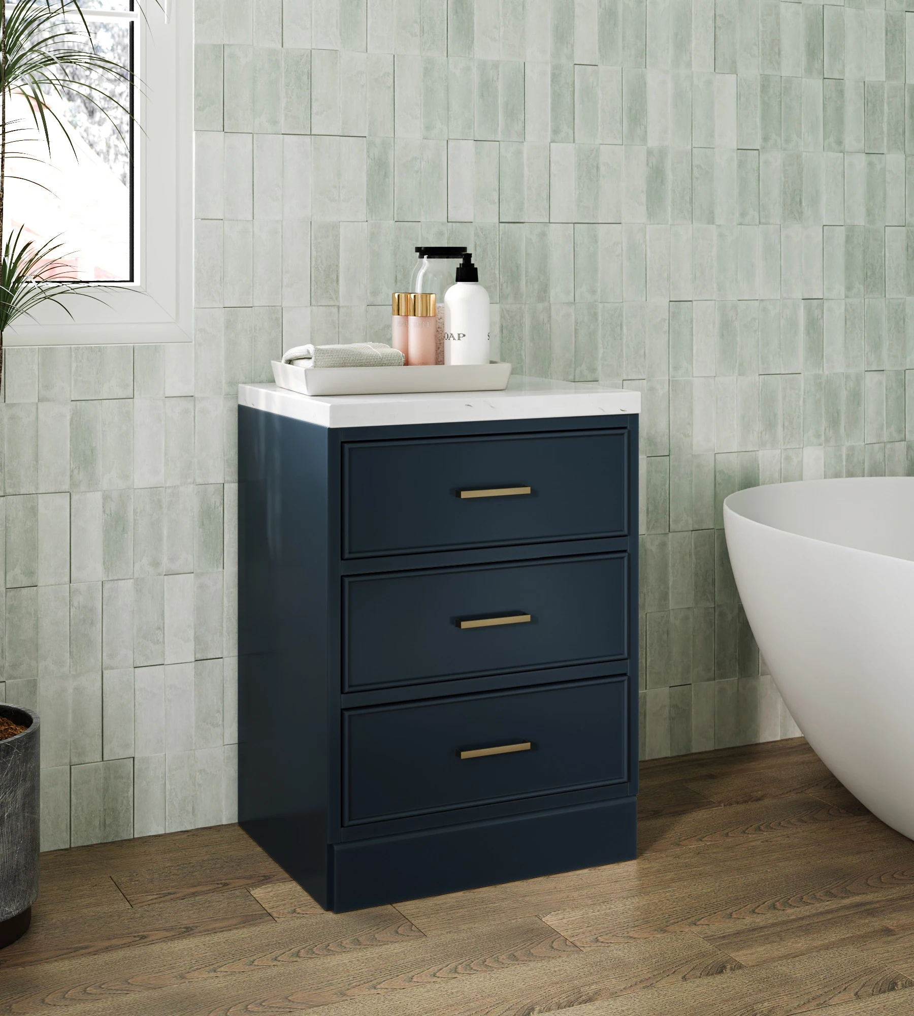 ARIEL Stafford 24 Inch 3-Drawer Base Cabinet With Carrara White Quartz Countertop In Midnight Blue