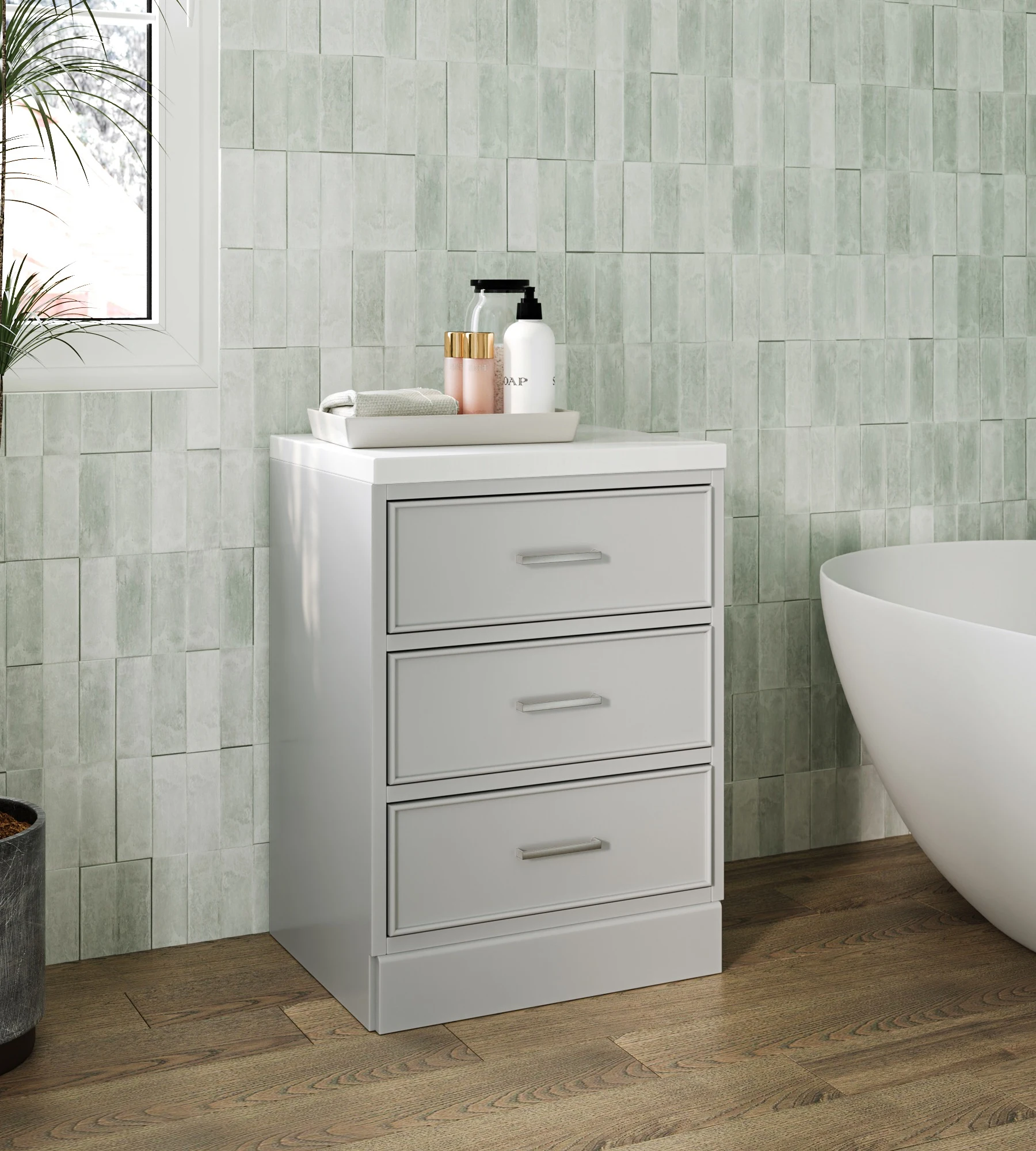 ARIEL Stafford 24 Inch 3-Drawer Base Cabinet With Pure White Quartz Countertop In Grey