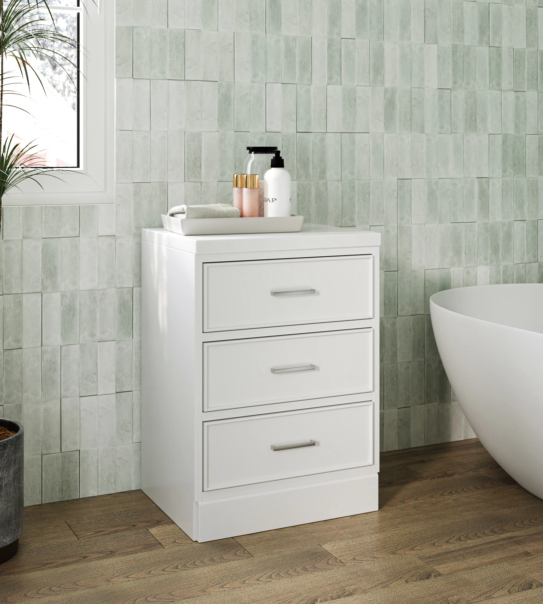 ARIEL Stafford 24 Inch 3-Drawer Base Cabinet With Pure White Quartz Countertop In White
