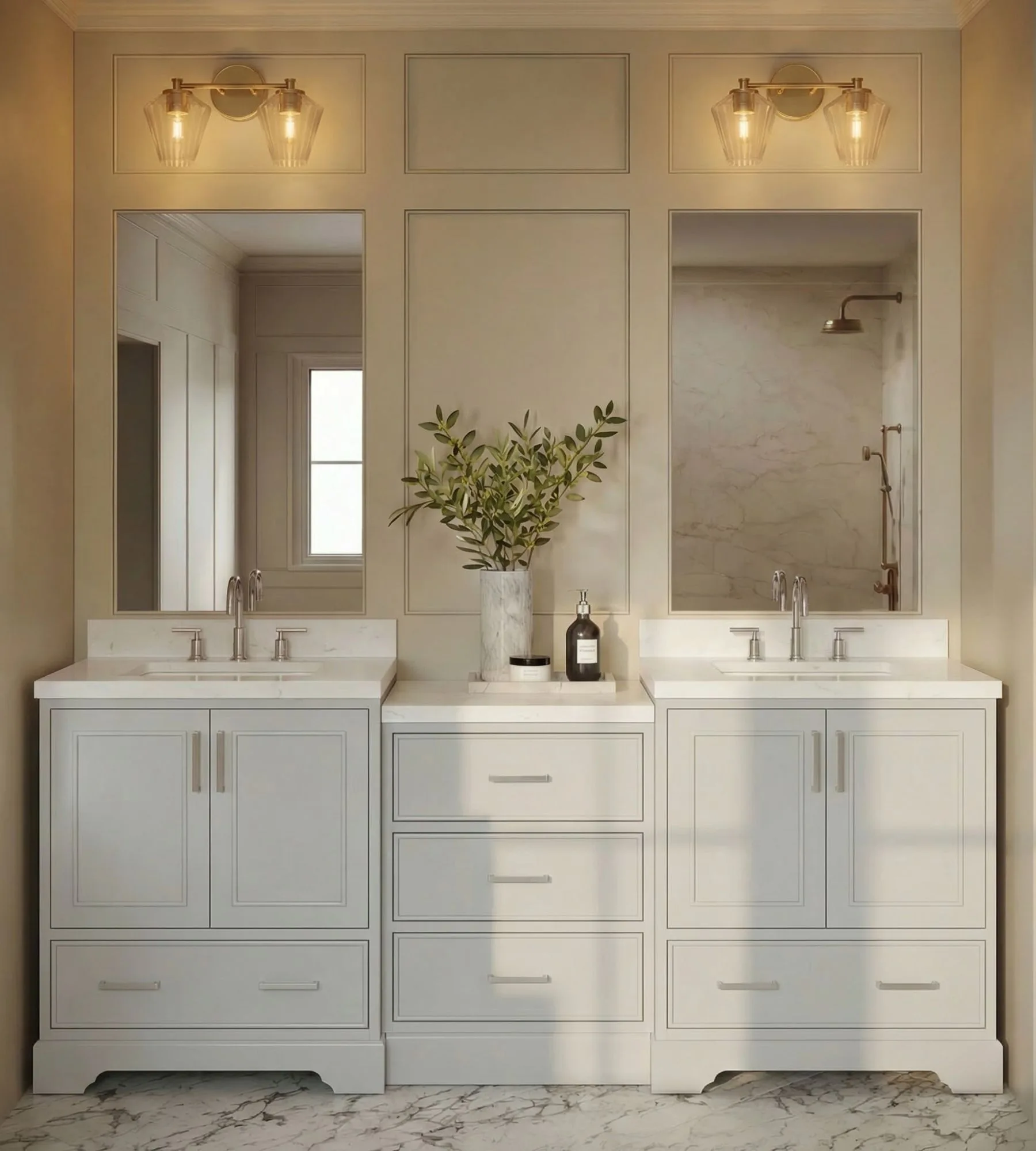 ARIEL Stafford 85 In. Double Rectangle Sink Bathroom Vanity Set With Center Storage Drawers With Carrara White Quartz Countertop In Grey