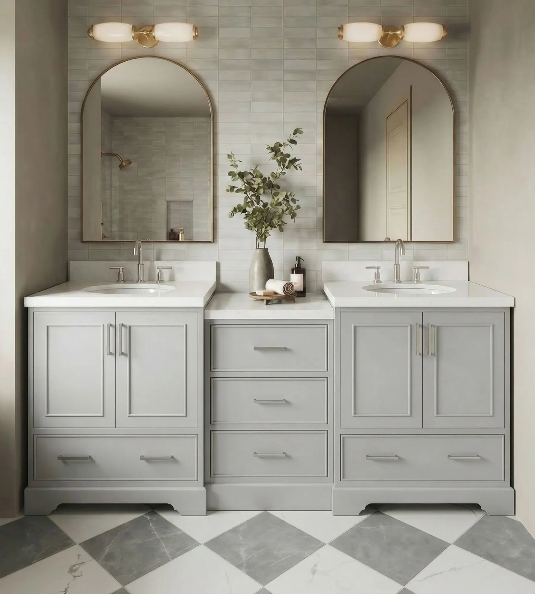 ARIEL Stafford 85 In. Double Oval Sink Bathroom Vanity Set With Center Storage Drawers With Pure White Quartz Countertop In Grey