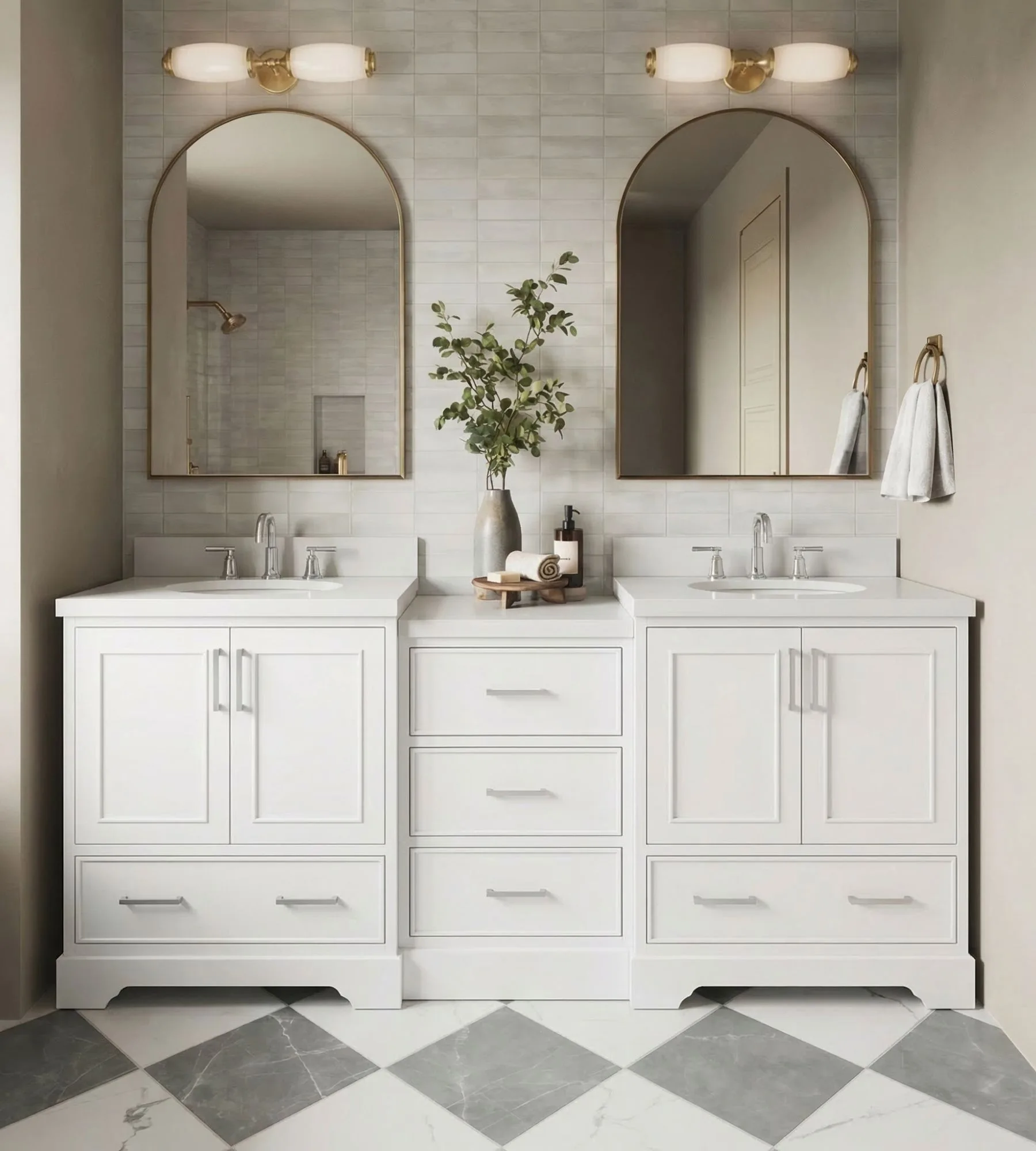 ARIEL Stafford 85 In. Double Oval Sink Bathroom Vanity Set With Center Storage Drawers With Pure White Quartz Countertop In White