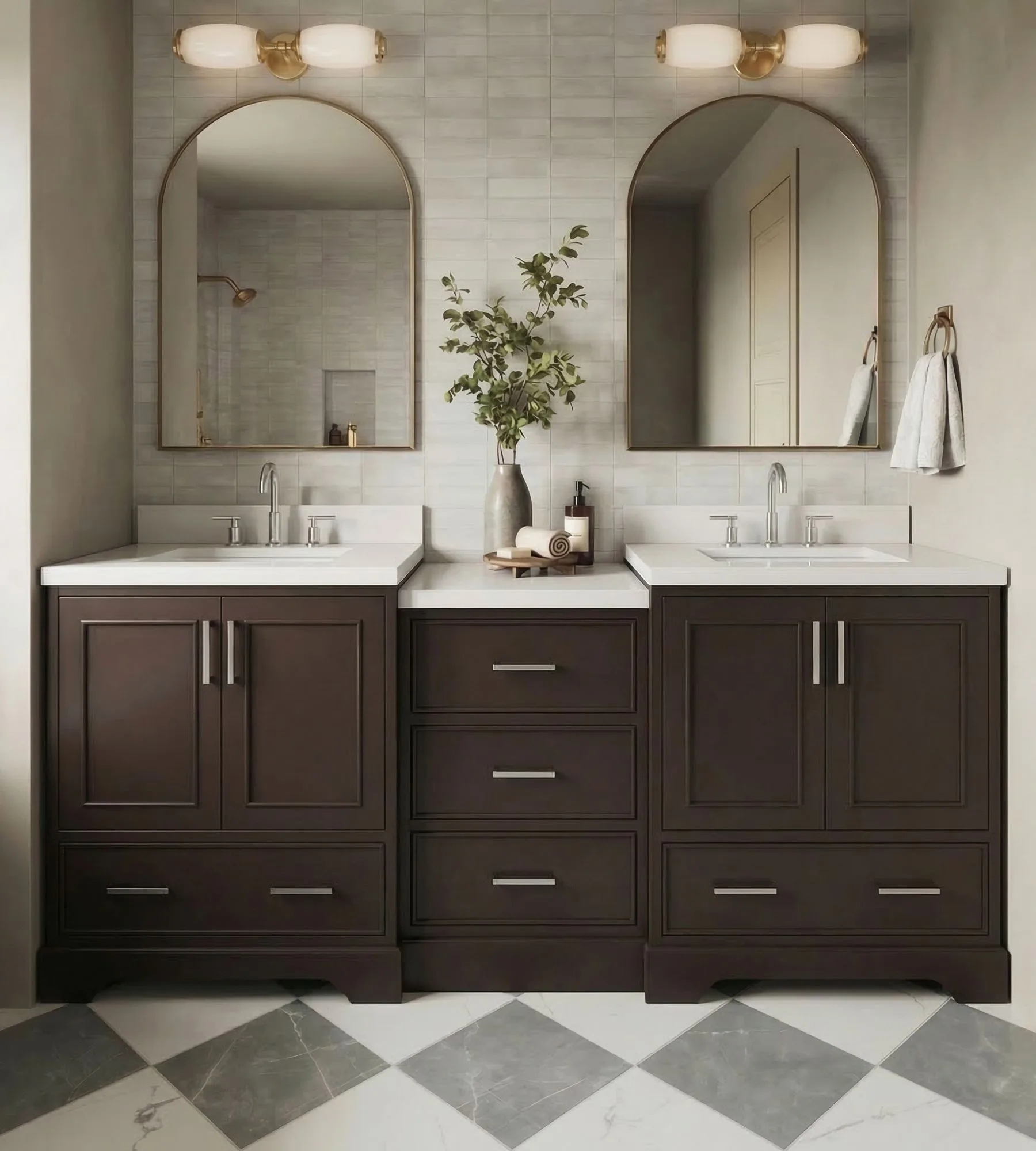 ARIEL Stafford 85 In. Double Rectangle Sink Bathroom Vanity Set With Center Storage Drawers With Pure White Quartz Countertop In Espresso