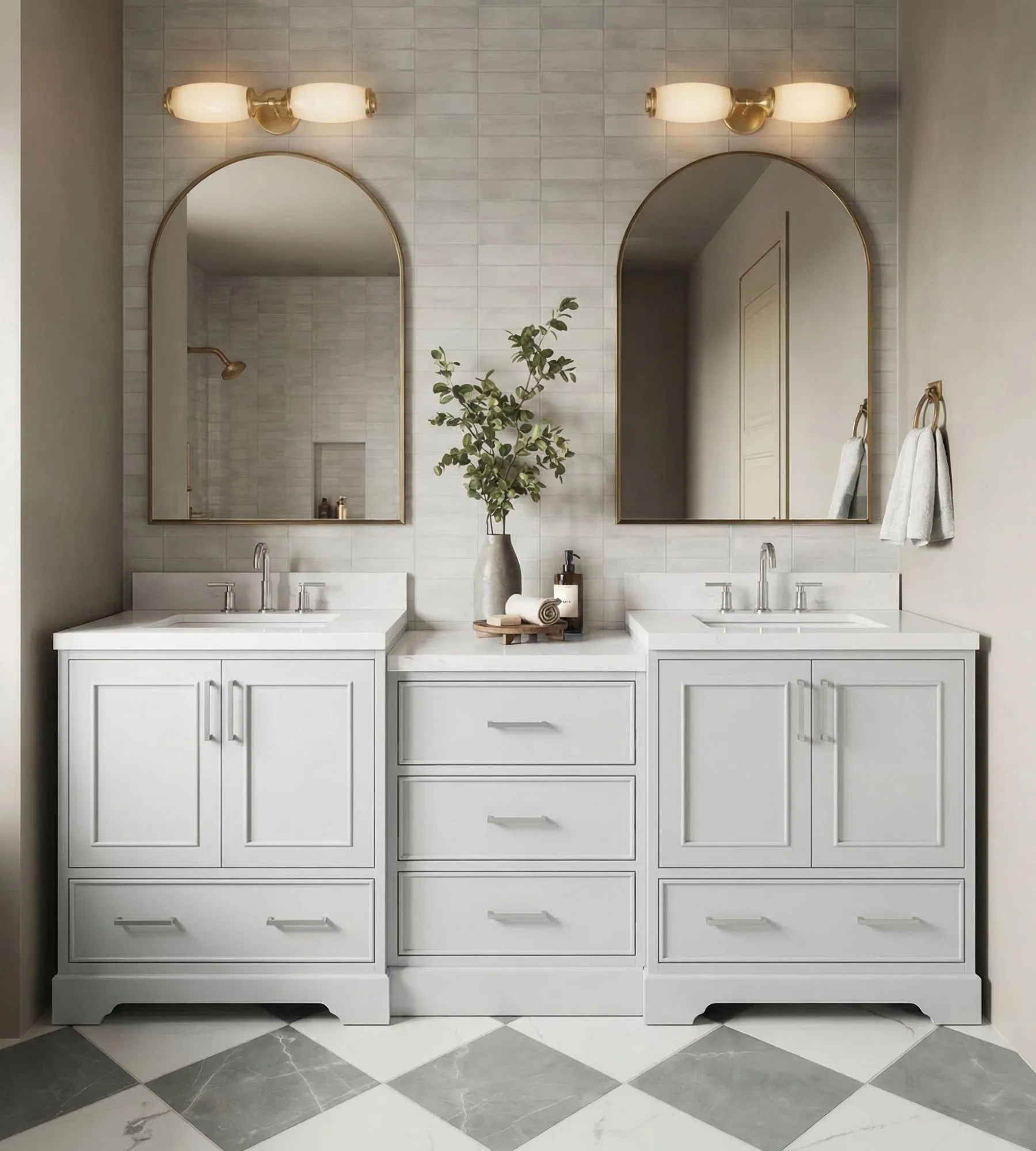ARIEL Stafford 85 In. Double Rectangle Sink Bathroom Vanity Set With Center Storage Drawers With Pure White Quartz Countertop In Grey
