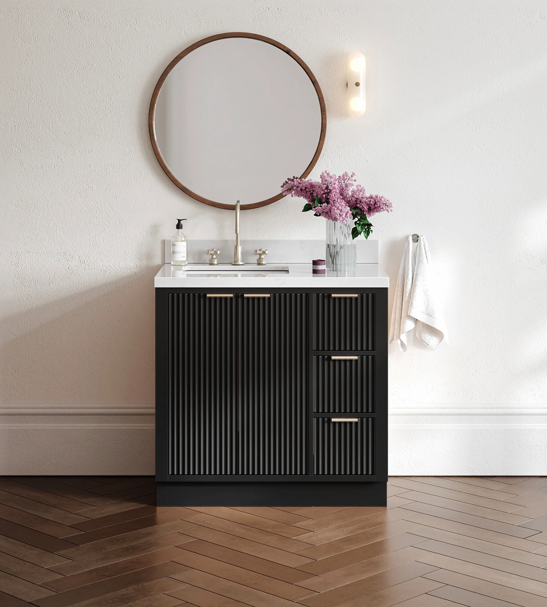 ARIEL Milan 36 Inch Left Offset Single Rectangle Sink Bathroom Vanity With Carrara White Quartz Countertop 1.5 Inch In Black