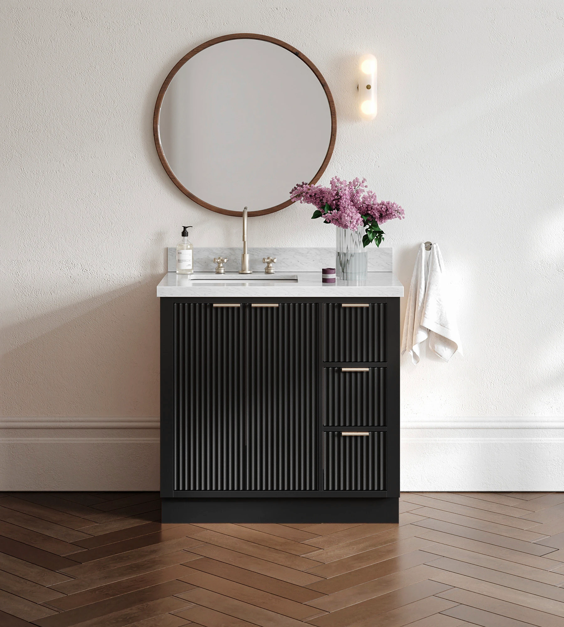 ARIEL Milan 37 Inch Left Offset Single Rectangle Sink Bathroom Vanity With Carrara White Marble Countertop 1.5 Inch In Black