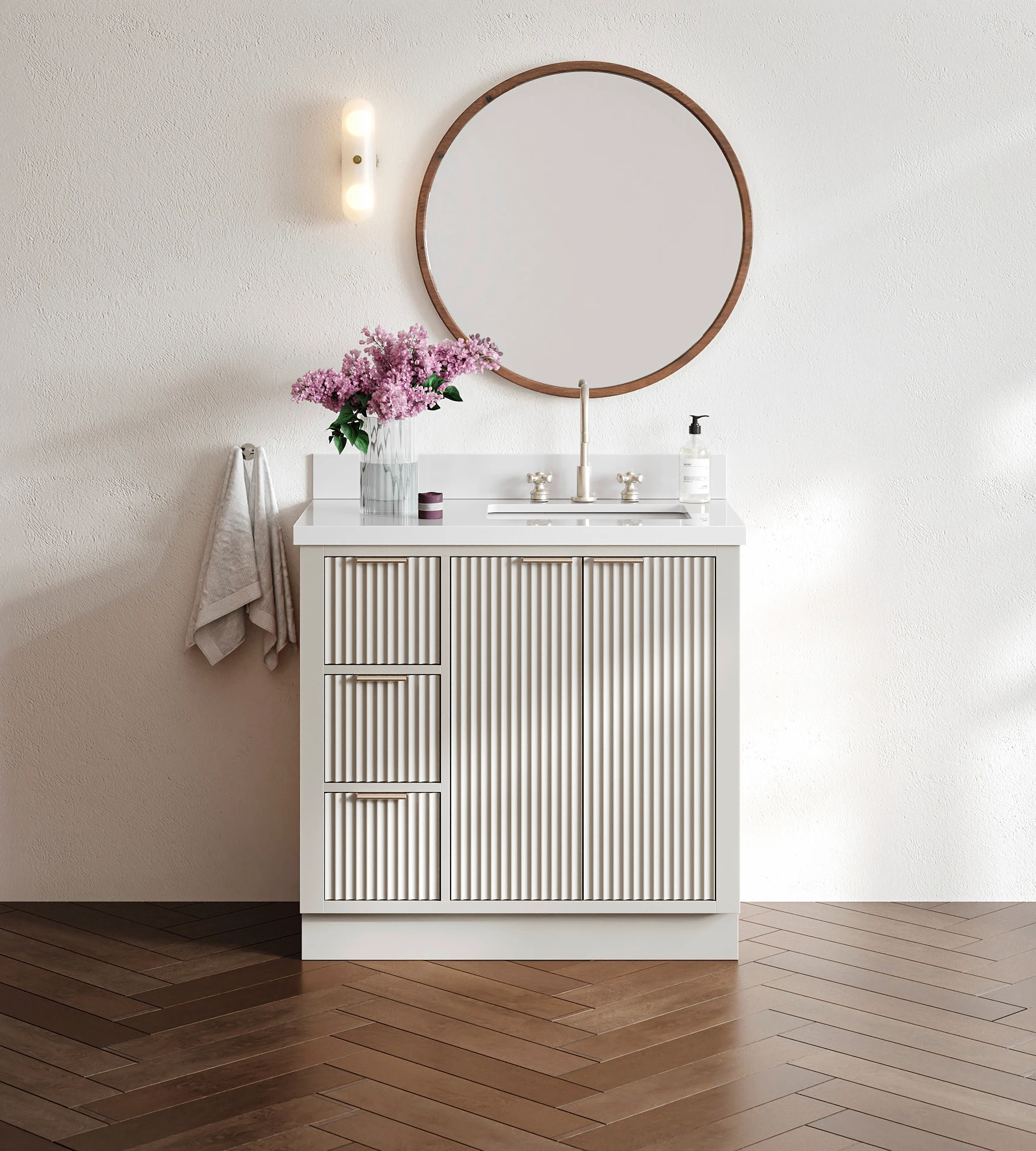ARIEL Milan 37 Inch Right Offset Single Rectangle Sink Bathroom Vanity With Pure White Quartz Countertop 1.5 Inch In Warm White