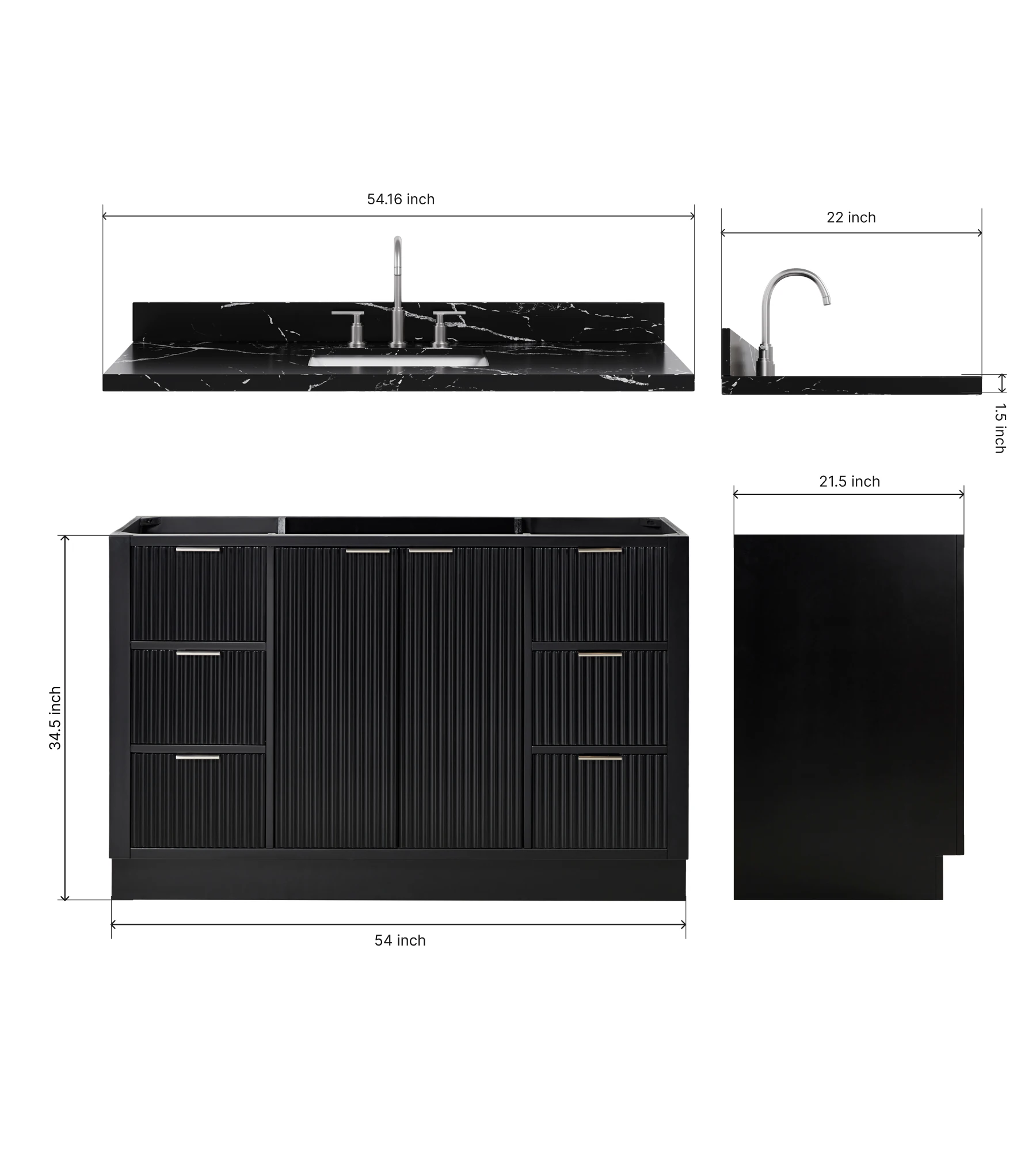 ARIEL Milan 54 Inch Single Rectangular Sink Bathroom Vanity With Nero Marquina Black Quartz Countertop 1.5 Inch In Black