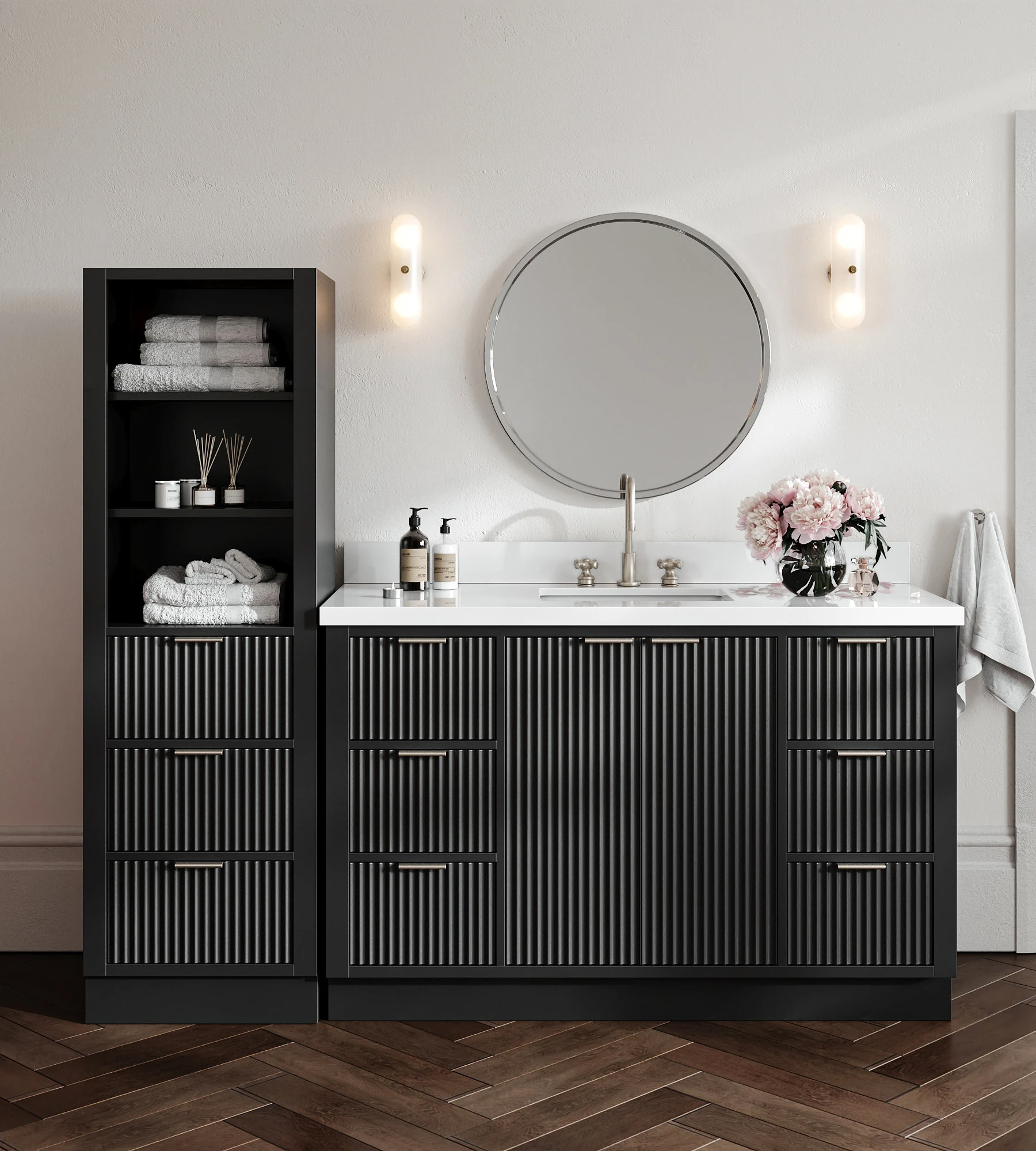 ARIEL Milan 75 Inch Single Bathroom Vanity Set With Linen Cabinet In Black