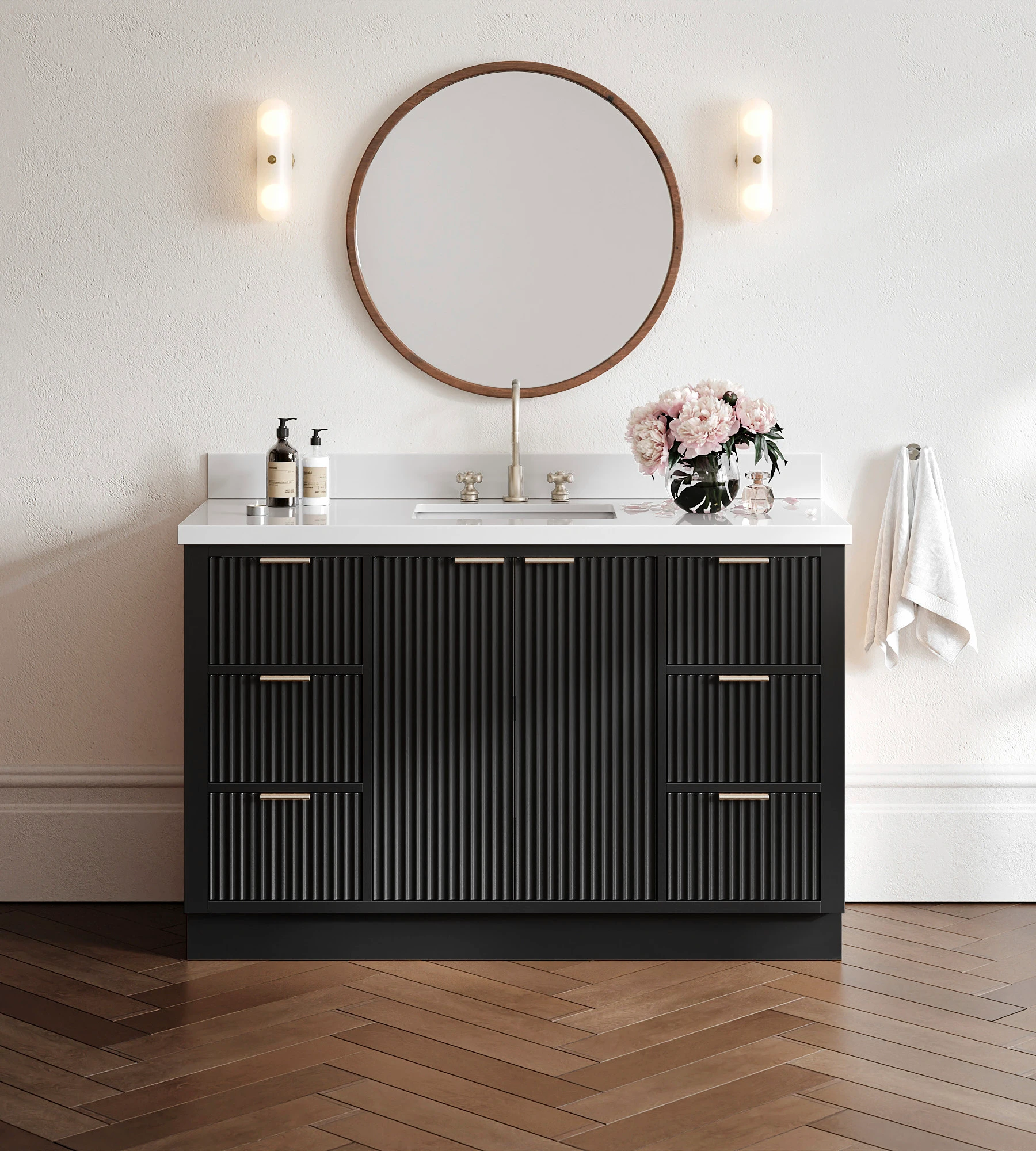 ARIEL Milan 55 Inch Single Rectangle Sink Bathroom Vanity With Pure White Quartz Countertop 1.5 Inch In Black