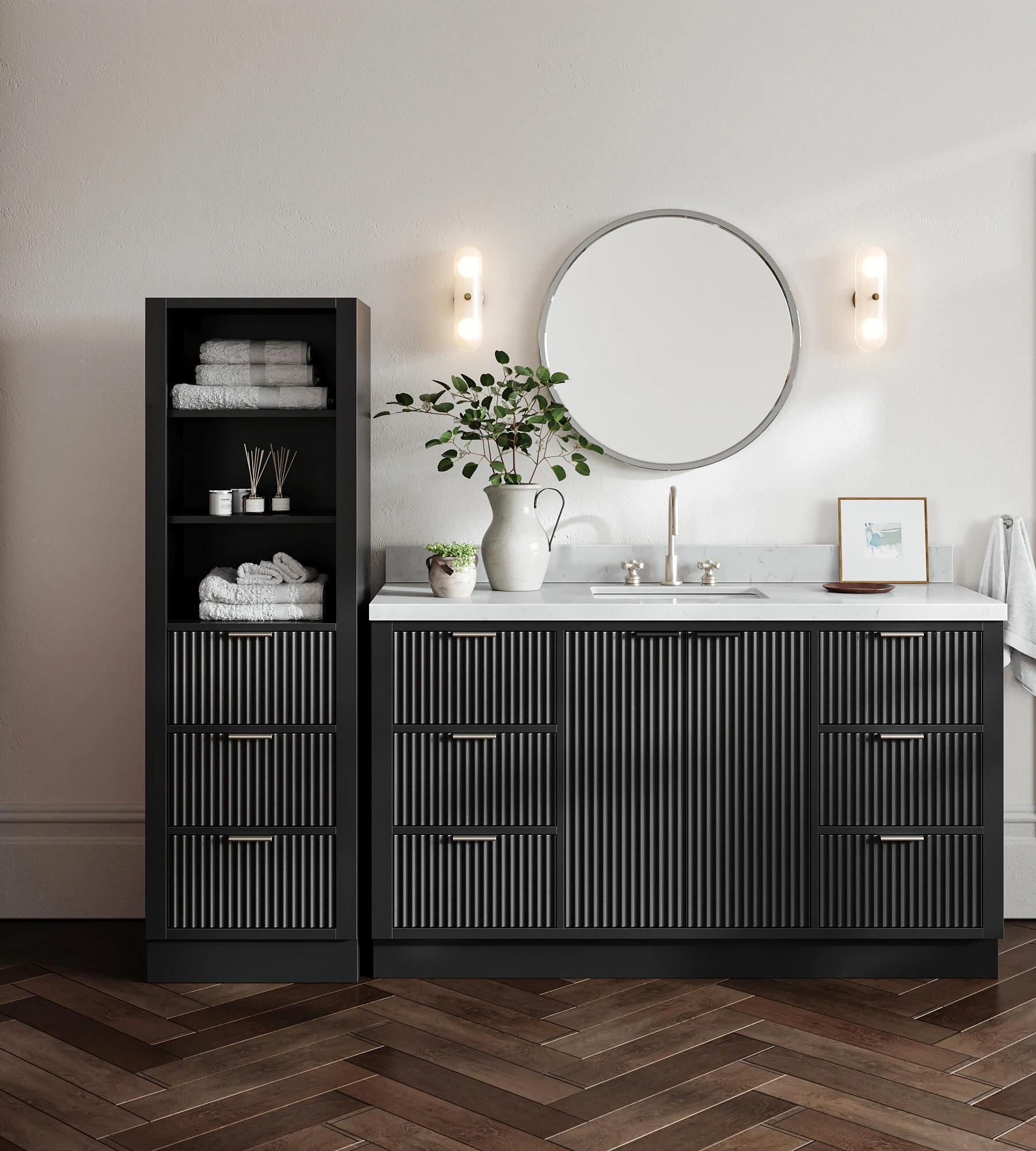 ARIEL Milan 80 Inch Single Bathroom Vanity Set With Linen Cabinet In Black