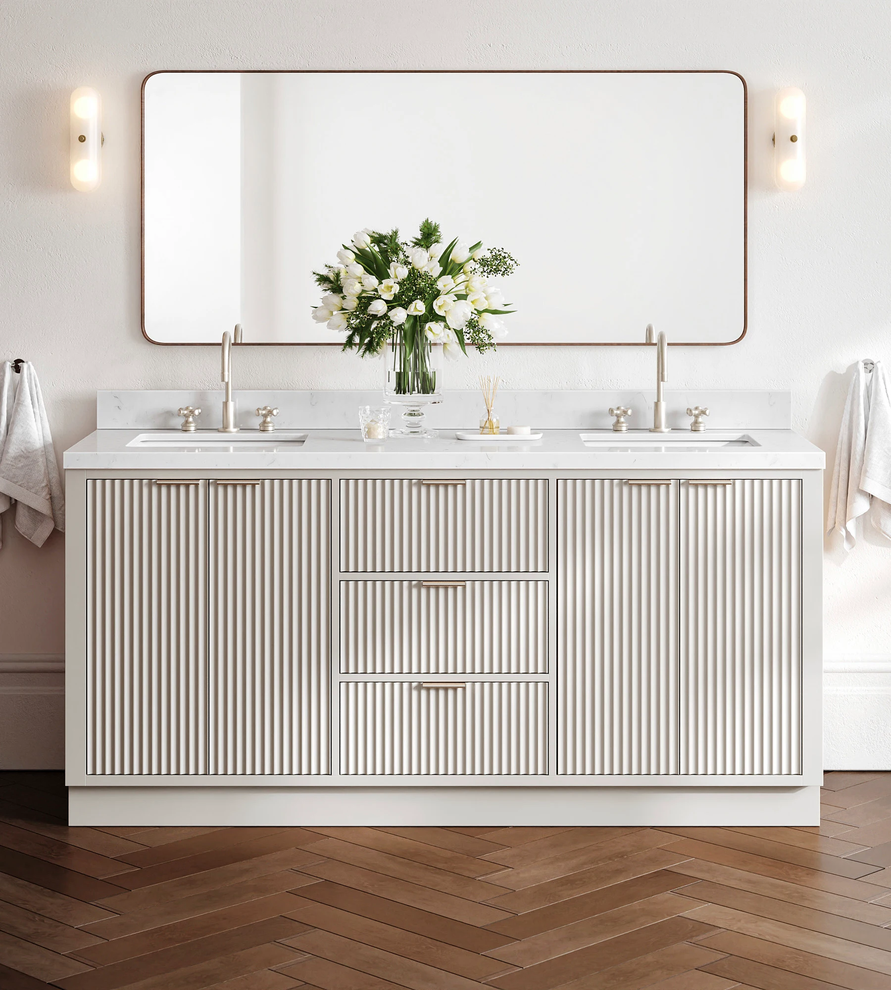 ARIEL Milan 72 Inch Double Rectangle Sink Bathroom Vanity With Carrara White Quartz Countertop 1.5 Inch In Warm White