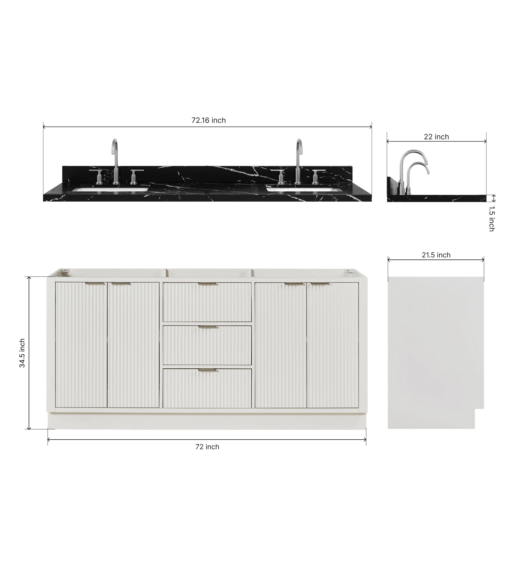 ARIEL Milan 72 Inch Double Rectangular Sink Bathroom Vanity With Nero Marquina Black Quartz Countertop 1.5 Inch In Warm White